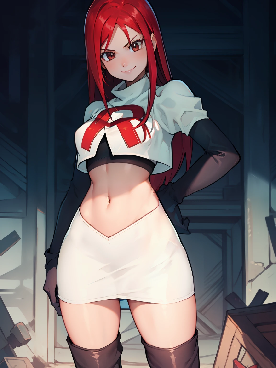 Erza Scarlet, long hair,red hair, brown eyes, ,team rocket uniform, red letter R, white skirt,white crop top,black thigh-high boots, black elbow gloves, smile, looking at viewer, cowboy shot, sexy pose