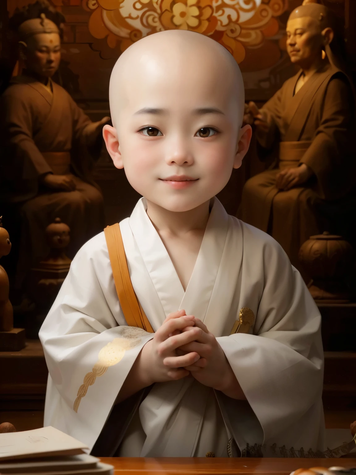 3-year-old bald monk，Wearing a white monk's robe，chubby little face，large round eyes，Bridge of the nose，With a smile，I was holding hands，Sit cross-legged。Lotus pattern on background。K HD