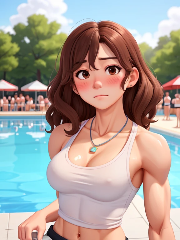 attractive korean woman, ripped muscle, muscular body, small ??????, pale skin, sad(blush), sports tanktop, thin necklace, sixpack abs, [ultra detailed skin:1.2], brown hair, wavy hair, 8k uhd, full body, crowd, public, poolside, standing, ??? on face,