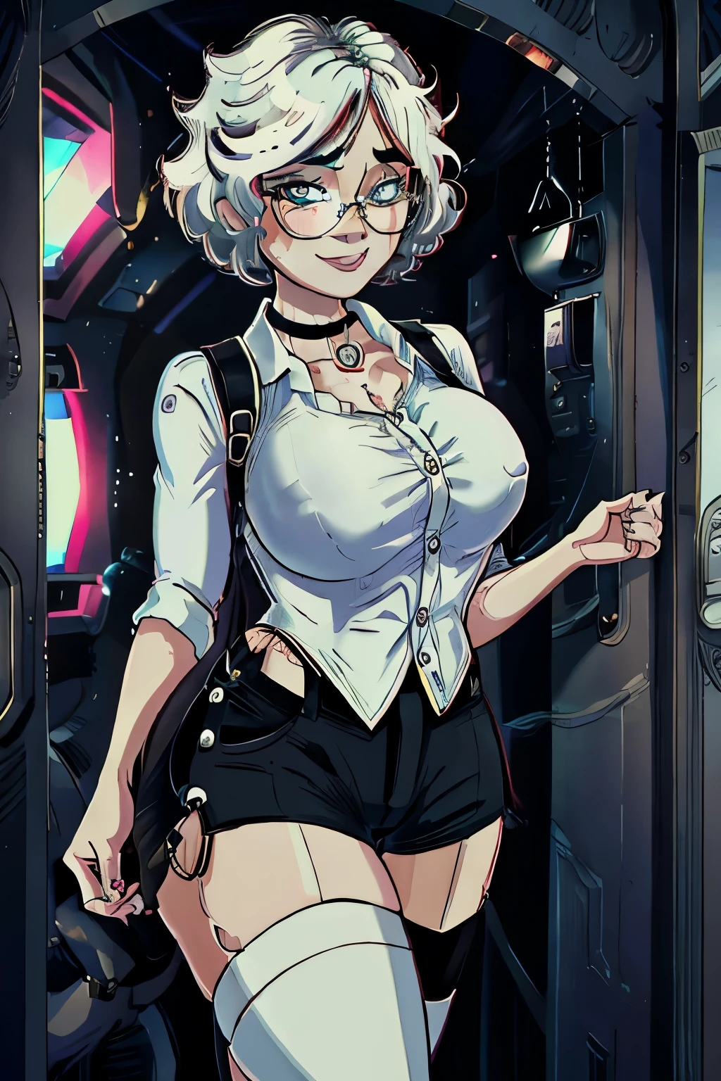 masterpiece, best quality, 1girl, solo, maxine, standing, smile, looking at viewer, white shirt, choker, glasses, curvy, thighhighs, black shorts, button gap,shadbase