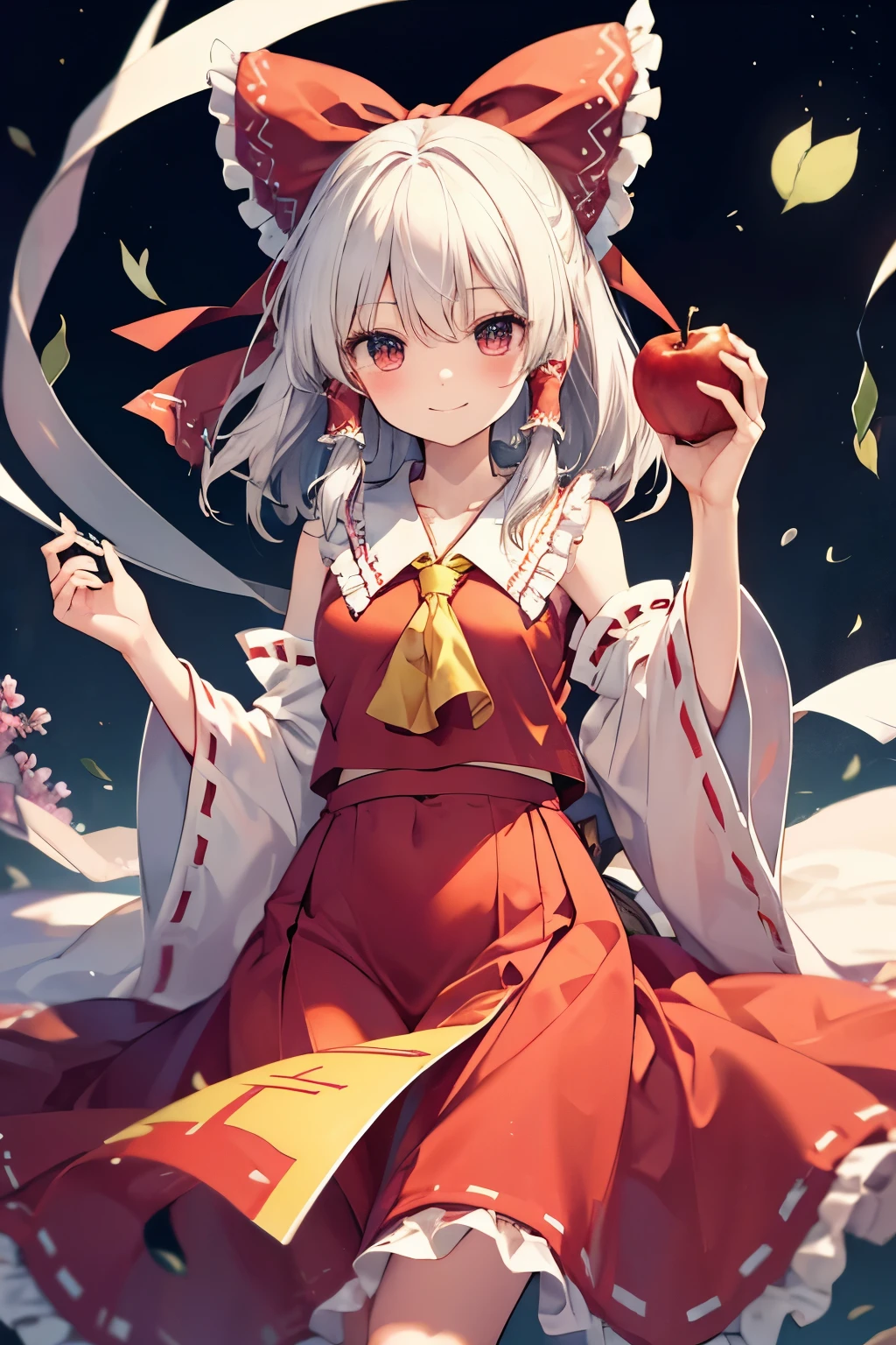Hakurei Reimu,Touhou project, smile, blush , half body, white hair, holding apple