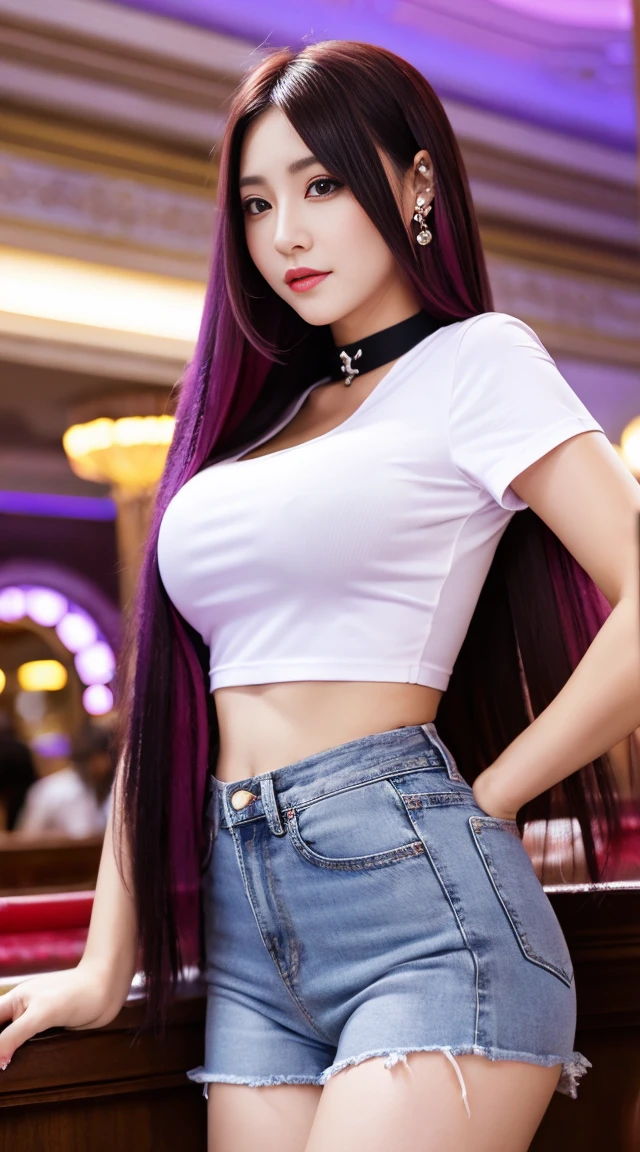 A beautiful girl. Big eyes. Black eyes. Large breasts. White skin. narrow waisted. Piercing the umbilicus. Long hair. Pink hair. Horse tail hair. Jeans.black Short T-Shirt . In the casino