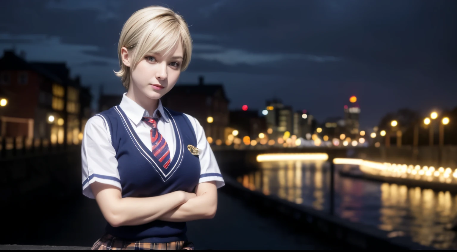 masterpiece, best quality, AliceKV4, 1girl, solo, looking at viewer, smile, parody, skirt, sitting, school uniform, necktie, socks, plaid, kneehighs, plaid skirt, crossed arms, striped necktie, ((upper body)), sweater vest, outdoors, city alley, night, professional light