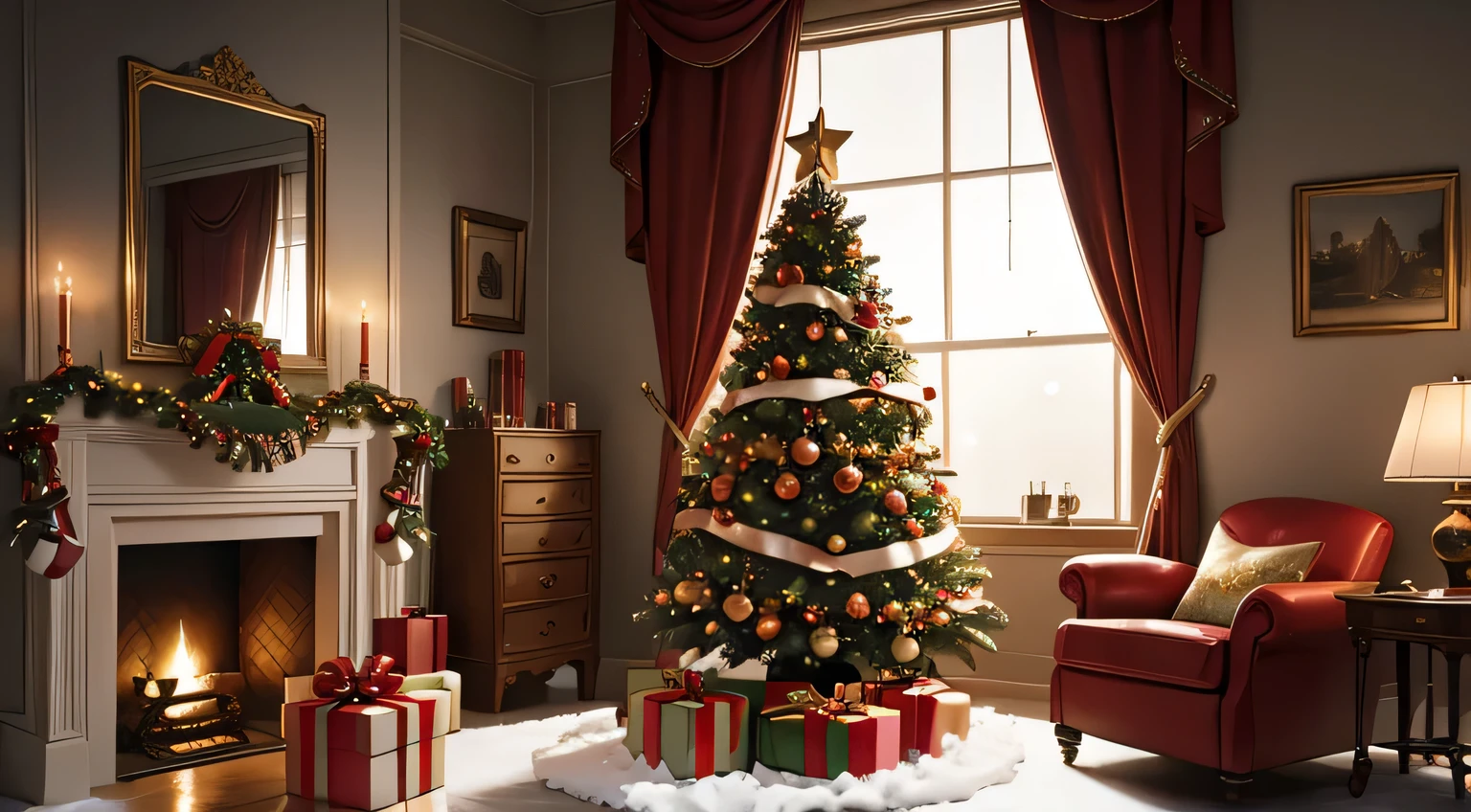 christmas,Christmas tree,Inside the room,lamplight,gifts,Rich cleavage,It was snowing outside the window