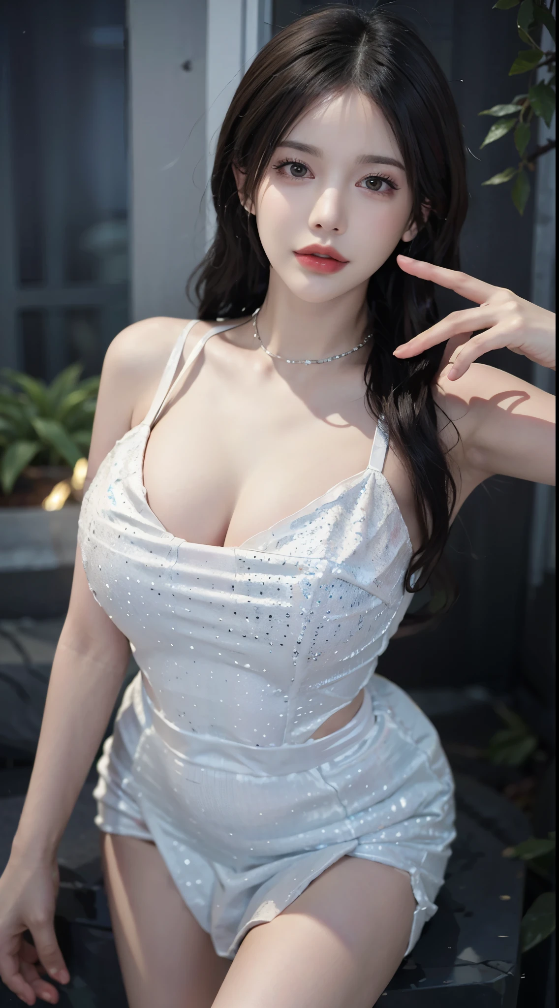 white dress, cleavage, large breasts, The beautiful, ins girl, tmasterpiece, light make-up, Redlip, Long messy hair, streets background, The beautiful, Elegant. Ultra-fine details, Works of masters, Authentic texture, Realistic movie lighting, Perfect work, 8K, k hd, exquisite facial features, slimfigure, big bright eyes, 耳Nipple Ring, choker necklace, Tattooed with, 手臂Tattooed with, 胸部Tattooed with