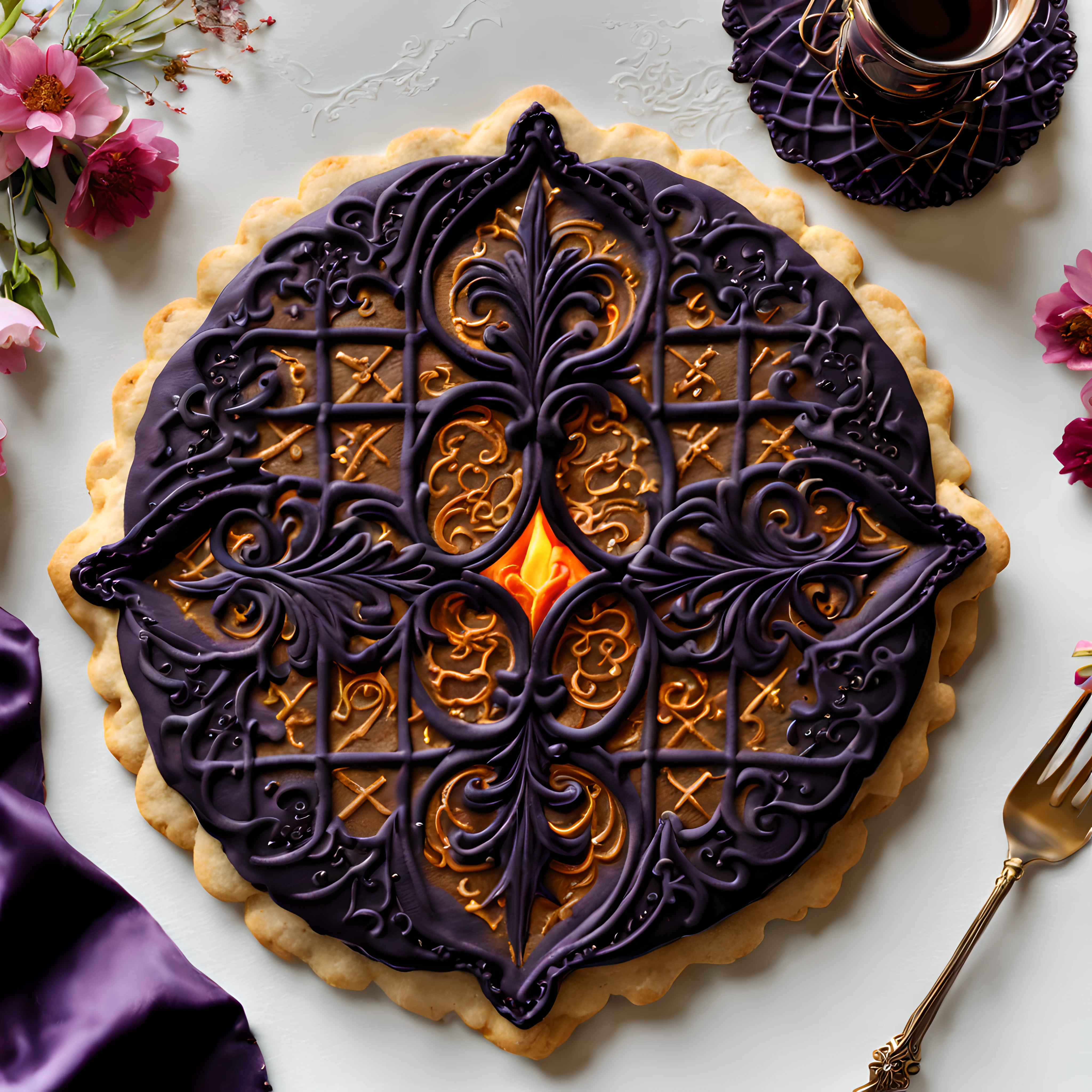 (close up) of ((intricately embroidered giant waffled cookie)) with a gothic-inspired design, adorned with delicate patterns and motifs reminiscent of gothic architecture and art, ethereal flames, rich dark colors and fine, detailed stitching, More Detail