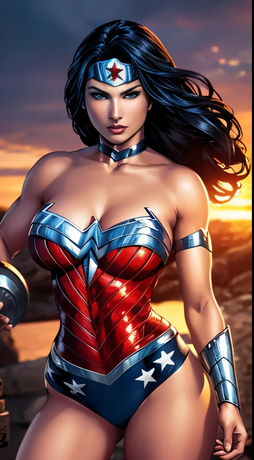 Sexy beautiful Wonder Woman (New 52) . portrait photography by artgerm, in the style of realism, glistening skin, cartooncore, mangacore, natural lighting, Defined full lips. fitness feminine body full body