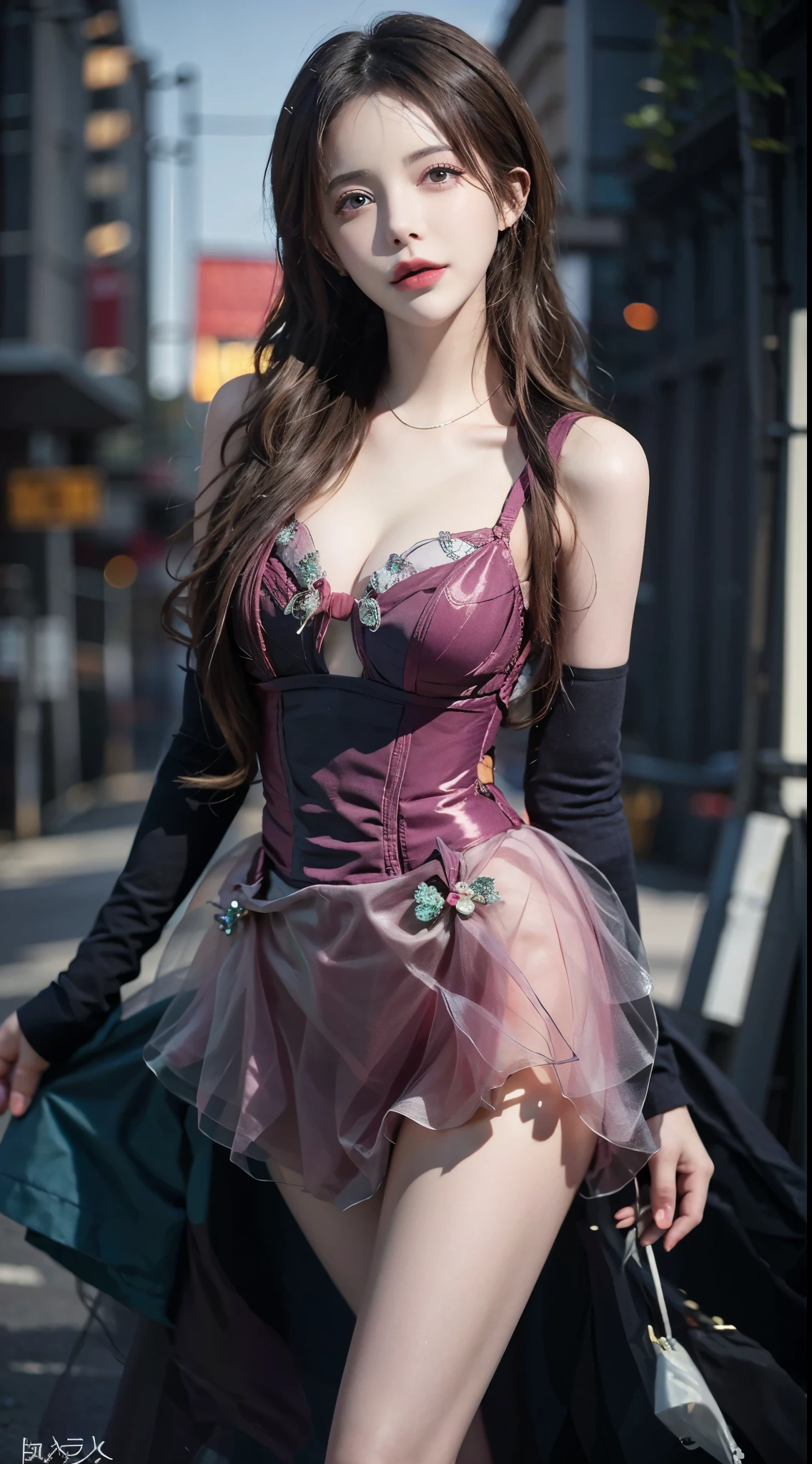 Romantic Rosette dress2, The beautiful, ins girl, tmasterpiece, light make-up, Redlip, Long messy hair, streets background, The beautiful, Elegant. Ultra-fine details, Works of masters, Authentic texture, Realistic movie lighting, Perfect work, 8K, k hd, exquisite facial features, slimfigure, big bright eyes, 耳Nipple Ring, choker necklace, Tattooed with, 手臂Tattooed with, 胸部Tattooed with