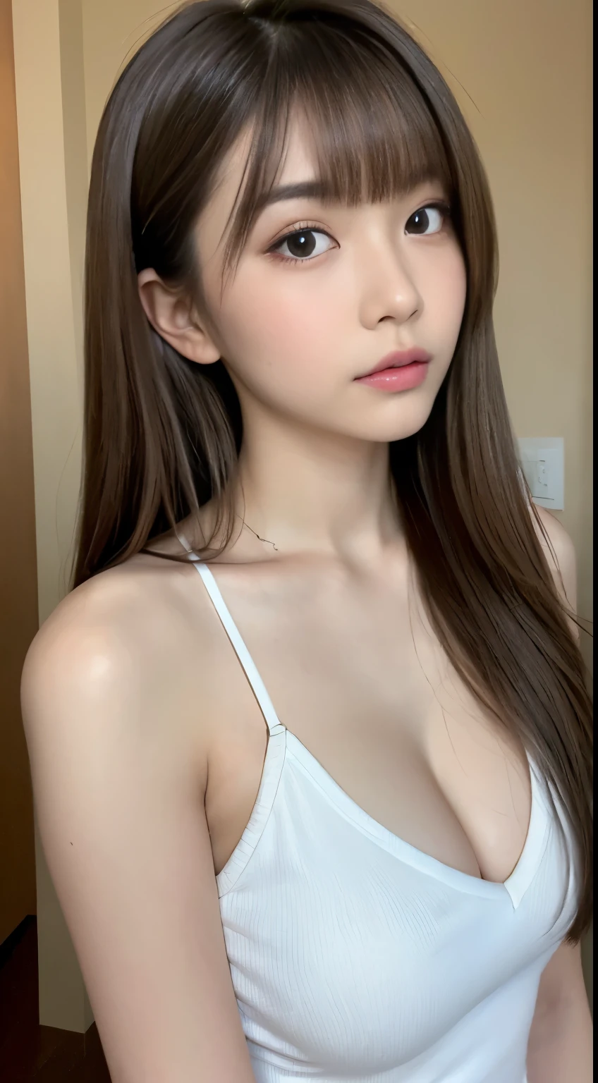 (Best Quality, 8K, masutepiece, Ultra HD: 1.3), 1girl in, small tits ,light brown hair, Blunt bangs, hair behind ear, Hair on the shoulders, Long hair, Slender body type, ultra detail face, Delicate lips, Beautiful eyes, Double eyelids, lipsticks, thin blush ,Black eyes ,perfect glossy shiny skins,flawless skin,White skin of the,perspired,Invite gaze, Chest,Ultra-thin pointer, Ultra-fine fingers, naked woman, Opening legs , Beautiful legs ,. Furano in summer、