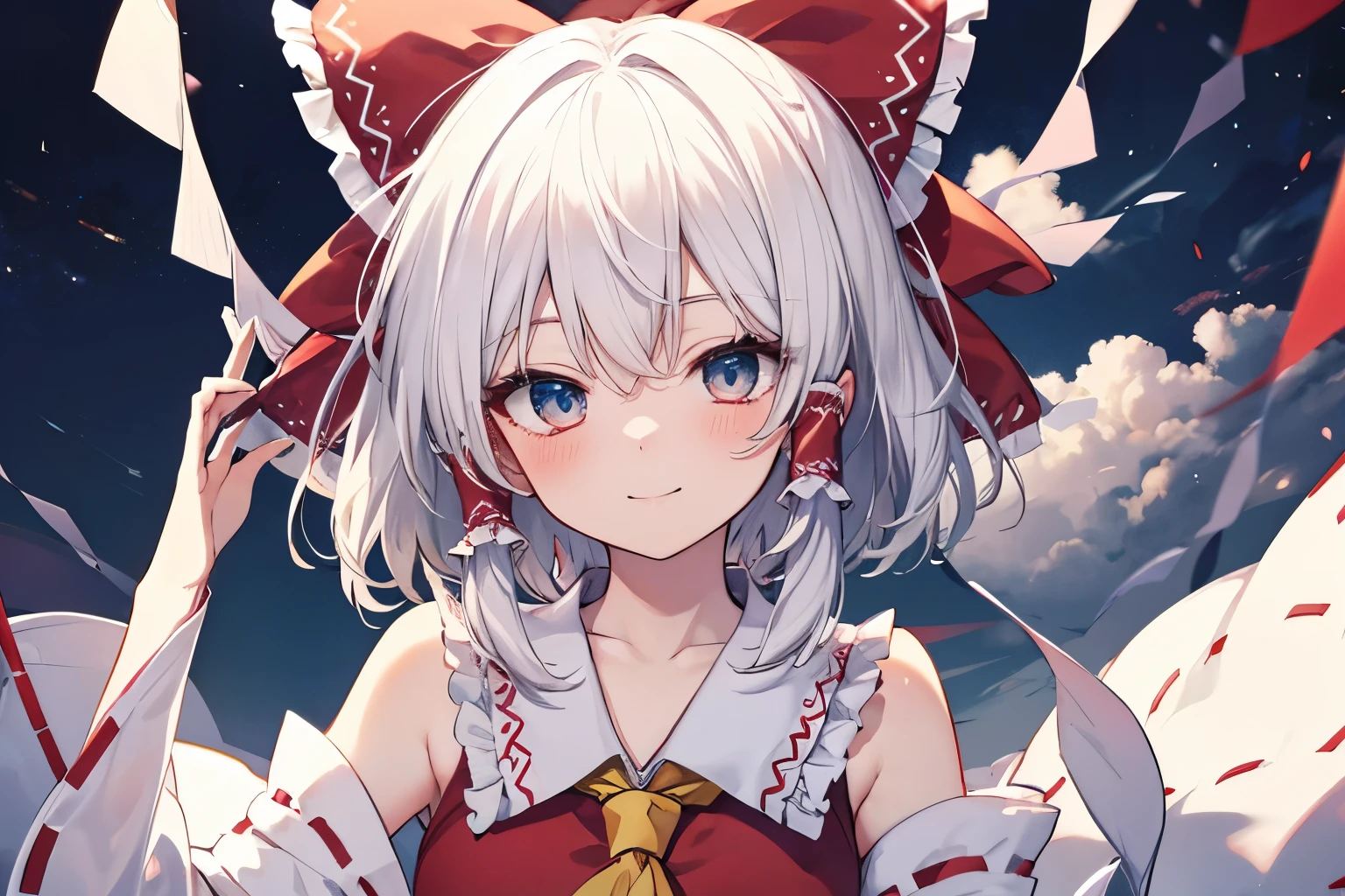 Hakurei Reimu,Touhou project, smile, blush , half body, white hair, blue eye