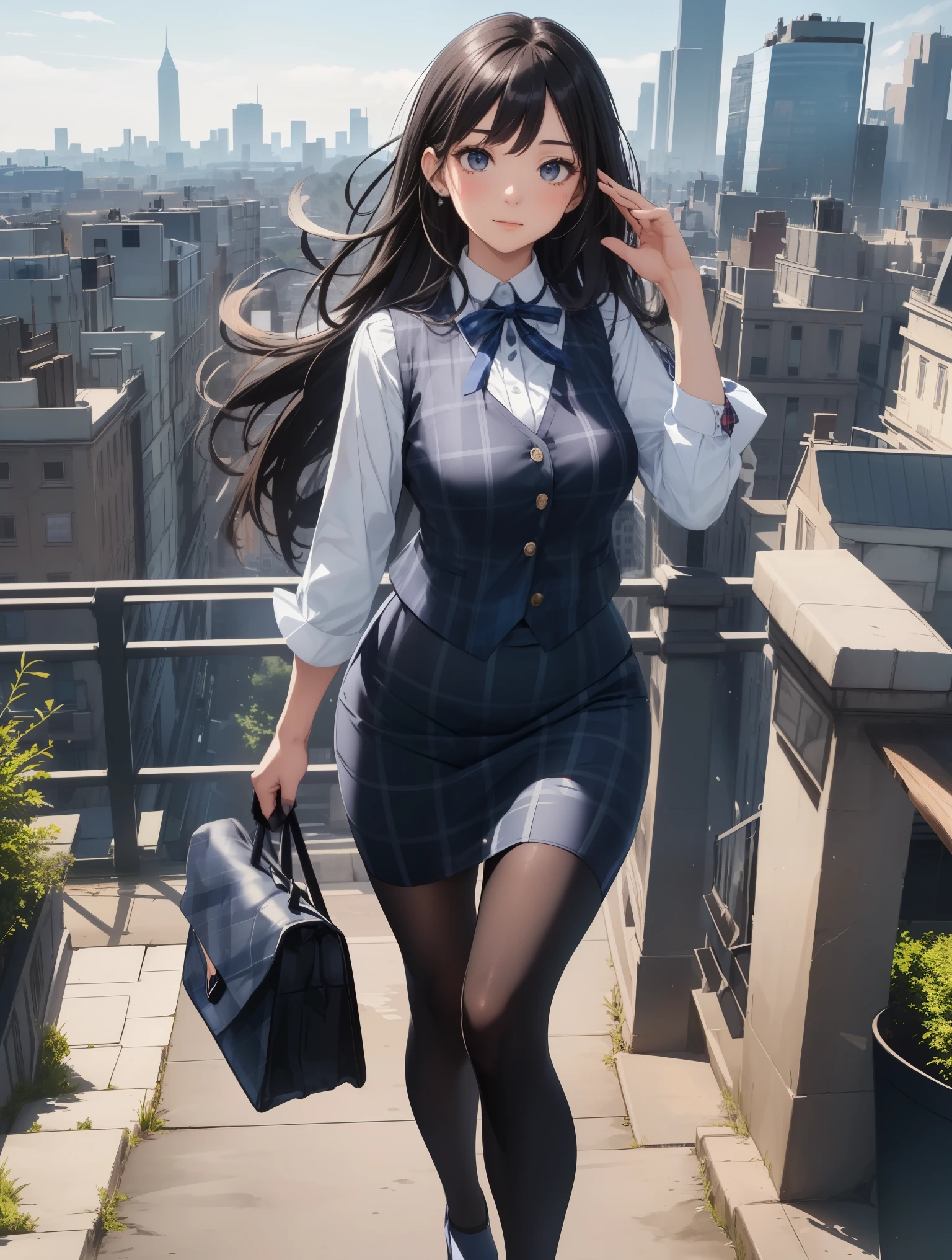 Best Quality, masutepiece, beautiful mature women、Beautiful face、Strong-minded woman、Officelady、(Officelady、navy blue plaid vest、Dark blue ribbon、White cutter shirt、Black Pencil Skirt、Black tights、high-heels:1.5)、(brown haired、Bangs are asymmetrical)、Longhaire、(((Landscape of the city in the morning:1.5)))、BREAK(Raise one hand in greeting:1.3)