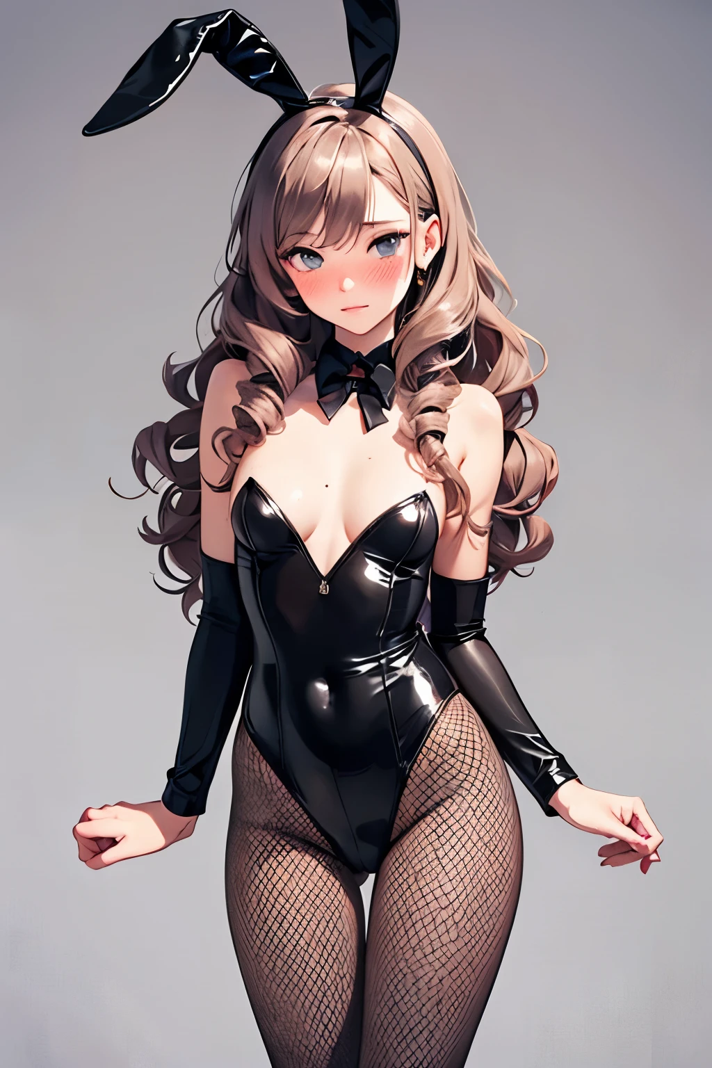 1 woman, A sexy, blush, nose blush, ((long curly hair)),bunny suit bodysuit, ((fishnets pantyhose)), (tiny chest),
