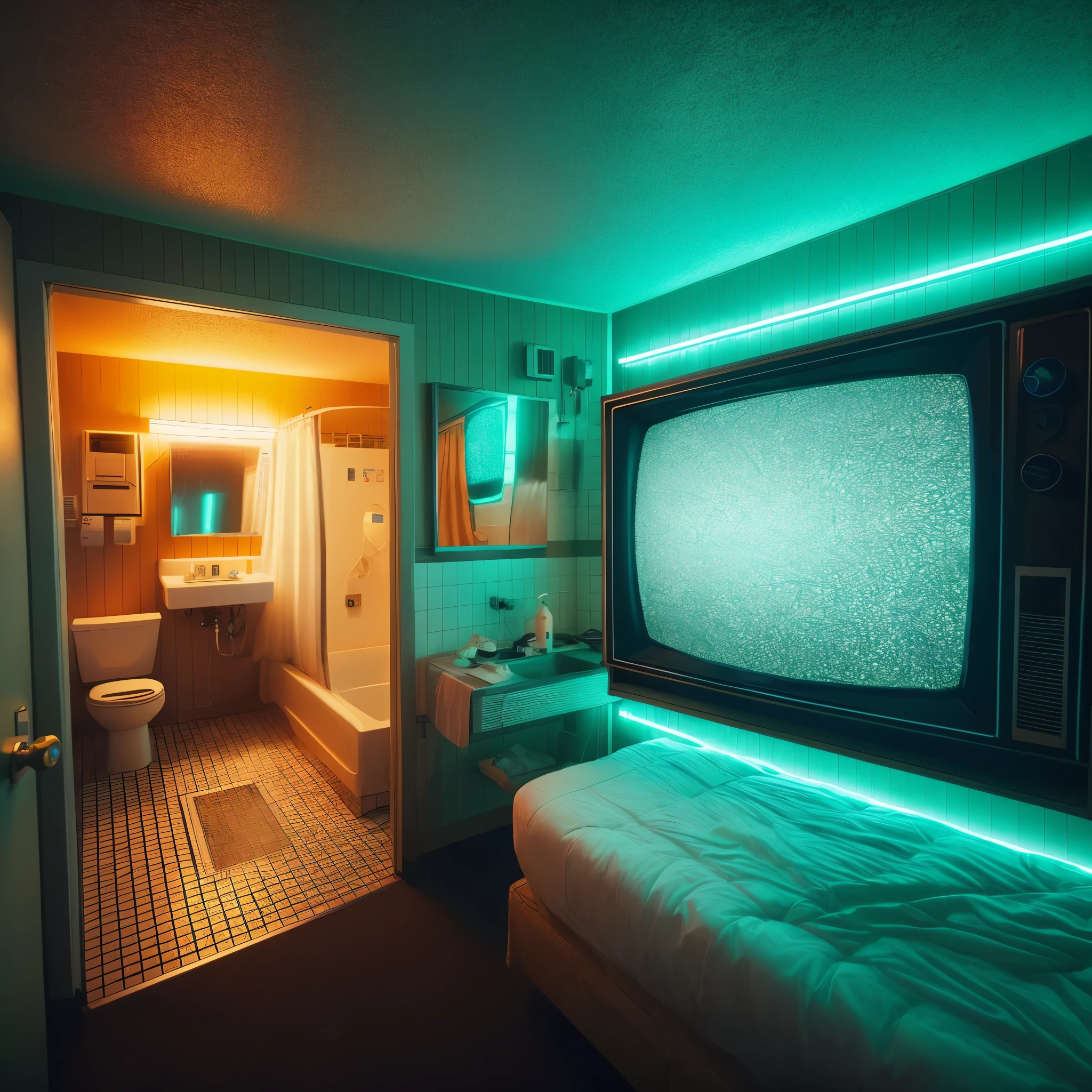 there is a room with a bed, a tv, and a sink, in a cyberpunk themed room, cyberpunk teenager bedroom, cyberpunk bedroom at night, beeple. hyperrealism, scifi room, beeple and mike winkelmann, realism | beeple, beeple and tim hildebrandt, in style of beeple, inspired by Beeple