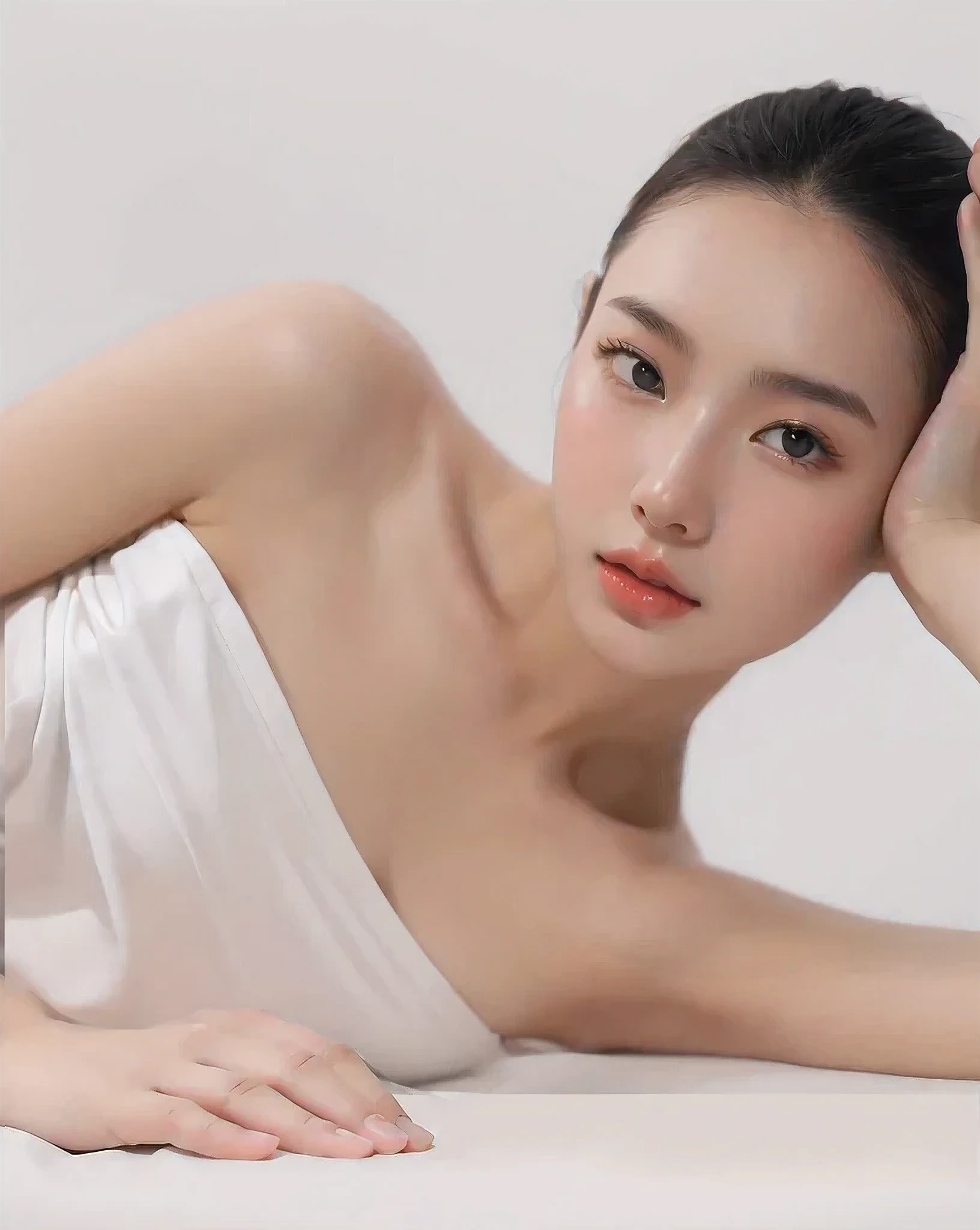Korean Girl, very beautiful face, (Photo Photorealistic:1.4),(Masterpiece, 4k, Best Quality, The ultra-detailliert),studio shoot,pictorial,photography,photorealistic eyes, Ultra-detailed face, Detailed lips, Normal hands, Glossy Lips, Glossy face, Simple background ,pale milky White porcelain skin, smooth Translucent white skin, photoshoot for Skincare brand, Woman with porcelain skin, diffused natural skin glow, Soft porcelain skin, Translucent white skin, Just yoon, Clear facial and body skin, Skincare, White porcelain skin