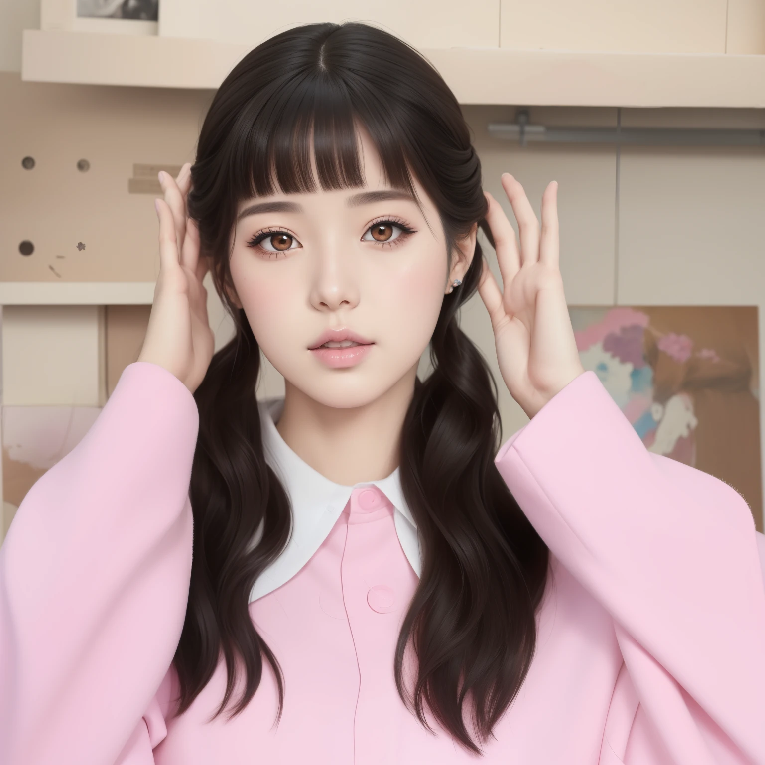 Hay una mujer con el pelo largo y una camisa rosa, Retrato realista kawaii, Pintura realista de chica linda, Estilo de realismo de anime, Retrato de Jossi de Blackpink, Artistic style de anime realista, Obras de arte al estilo de Guweiz, Estilo realista de anime 3D, Artistic style realista, fotorrealista!!!!!!! Artistic style, in the Artistic style of bowater, realismo artstyle