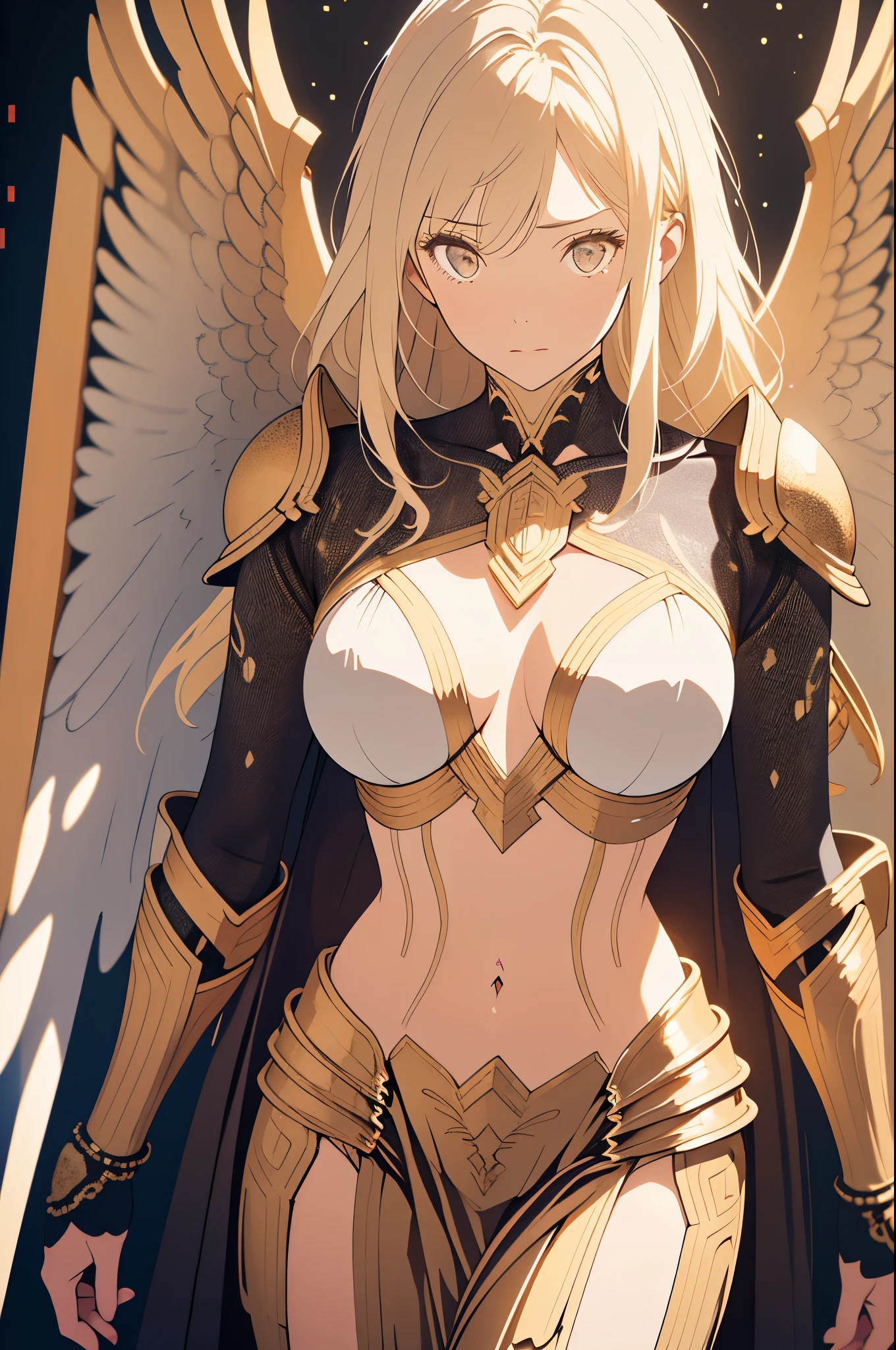 (best quality,4k,8k,highres,masterpiece:1.2),ultra-detailed,(realistic,photorealistic,photo-realistic:1.37),sharp focus,physically-based rendering,professional,vivid colors,bokeh,portraits

A detailed, standing figure with a winged helm and Greek armor inspired attire. The figure has blonde hair and marble-like skin, giving it a majestic appearance. The armor is predominantly white with intricate gold detailing, adding to its regal aura. The focus of the image is on the upper body of the figure, highlighting the details of the armor and the facial features. The figure stands confidently, exuding strength and power. The background is kept simple to emphasize the figure, with a soft bokeh effect adding depth to the composition. The lighting enhances the contours of the figure, emphasizing its form and creating a sense of realism. The overall color scheme is dominated by shades of white and gold, giving the image a luxurious and elegant feel. The prompt aims to generate a high-quality, photorealistic portrait with a strong emphasis on the detailed depiction of the figure and its armor.