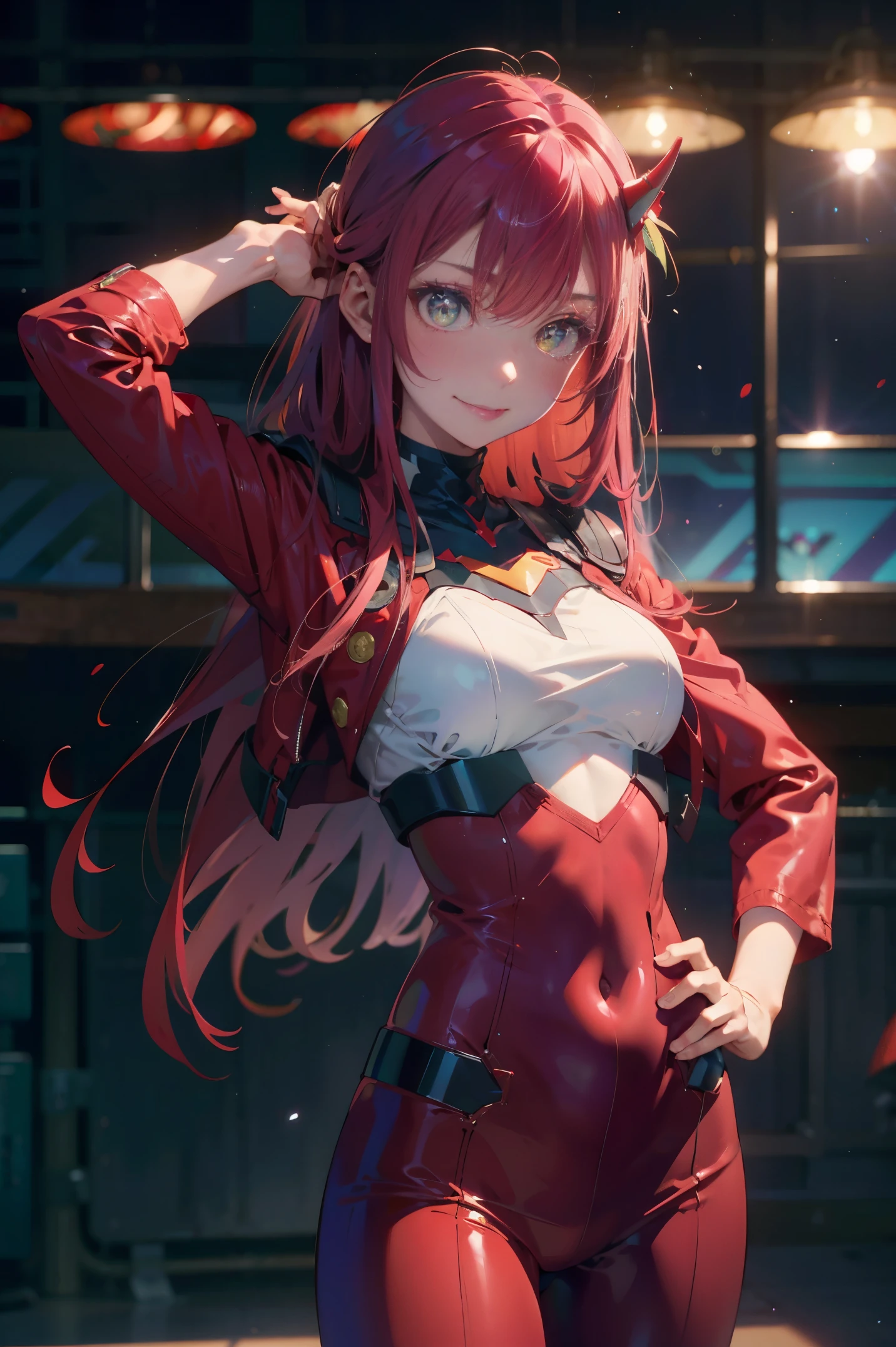 Very detailed background, masutepiece, Best Quality, 1girl in, Solo, ((masutepiece, Best Quality)),Best aesthetic, Zero Two (darling in the franxx), darling in the franxx, Bangs, Biting, blush, Covered navel, eyeshadows, Green eyes, hair behind head, put hands on the hip, Horns, Smile, Long hair, Looking at Viewer, makeup, medium breasts, pilotsuit, Red suit, Pink hair, red eyeshadows, Science fiction, Skin Tight,