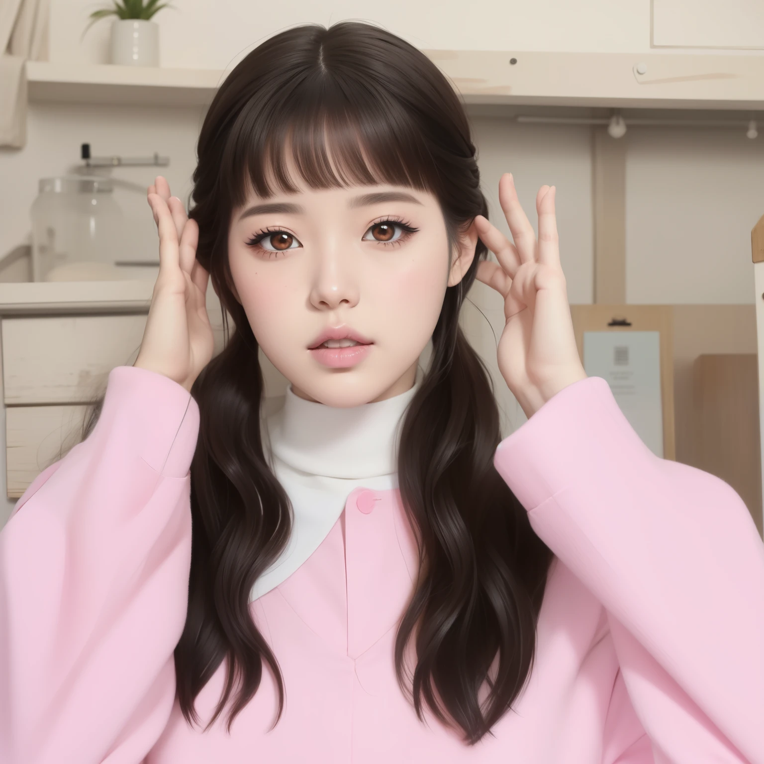 Hay una mujer con el pelo largo y una camisa rosa, Retrato realista kawaii, Pintura realista de chica linda, Estilo de realismo de anime, Retrato de Jossi de Blackpink, Artistic style de anime realista, Obras de arte al estilo de Guweiz, Estilo realista de anime 3D, Artistic style realista, fotorrealista!!!!!!! Artistic style, in the Artistic style of bowater, realismo artstyle