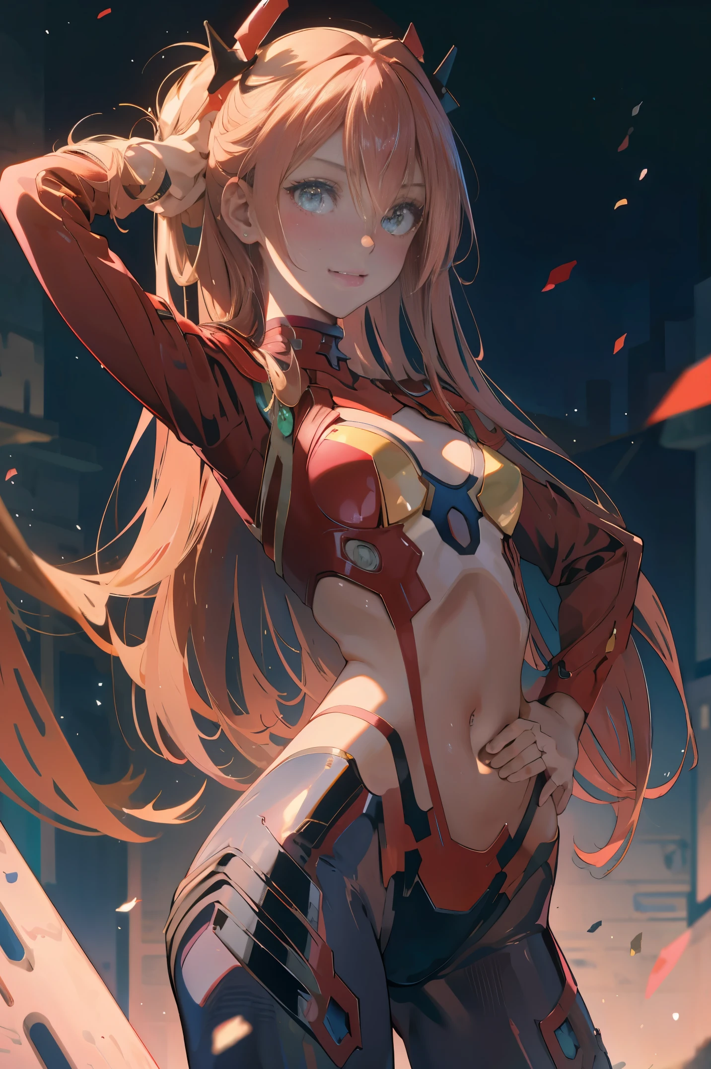 Very detailed background, masutepiece, Best Quality, 1girl in, Solo, ((masutepiece, Best Quality)),Best aesthetic, Zero Two (darling in the franxx), darling in the franxx, Bangs, Biting, blush, Covered navel, eyeshadows, Green eyes, hair behind head, put hands on the hip, Horns, Smile, Long hair, Looking at Viewer, makeup, medium breasts, pilotsuit, Red suit, Pink hair, red eyeshadows, Science fiction, Skin Tight,