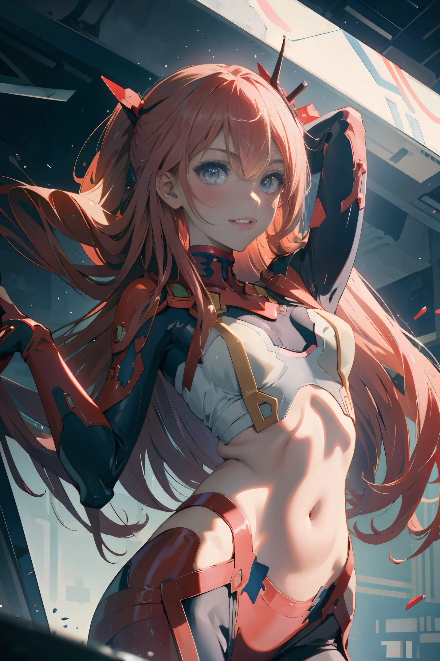 Very detailed background, masutepiece, Best Quality, 1girl in, Solo, ((masutepiece, Best Quality)),Best aesthetic, Zero Two (darling in the franxx), darling in the franxx, Bangs, Biting, blush, Covered navel, eyeshadows, Green eyes, hair behind head, put hands on the hip, Horns, Smile, Long hair, Looking at Viewer, makeup, medium breasts, pilotsuit, Red suit, Pink hair, red eyeshadows, Science fiction, Skin Tight,
