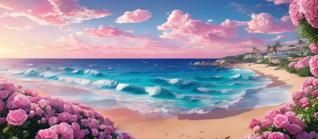 Pink Moon, blue skies, pink rose flowers, pink flowers in the foreground, The Cote d'Azur, Pastel Pink Clouds, лазурные waves Sparkling, Sparkling, Pink roses on the shore of the azure ocean, Fantasy, soft-lighting, Ultra HD, Realism, cinematic effects, lens flare, Aperture 16