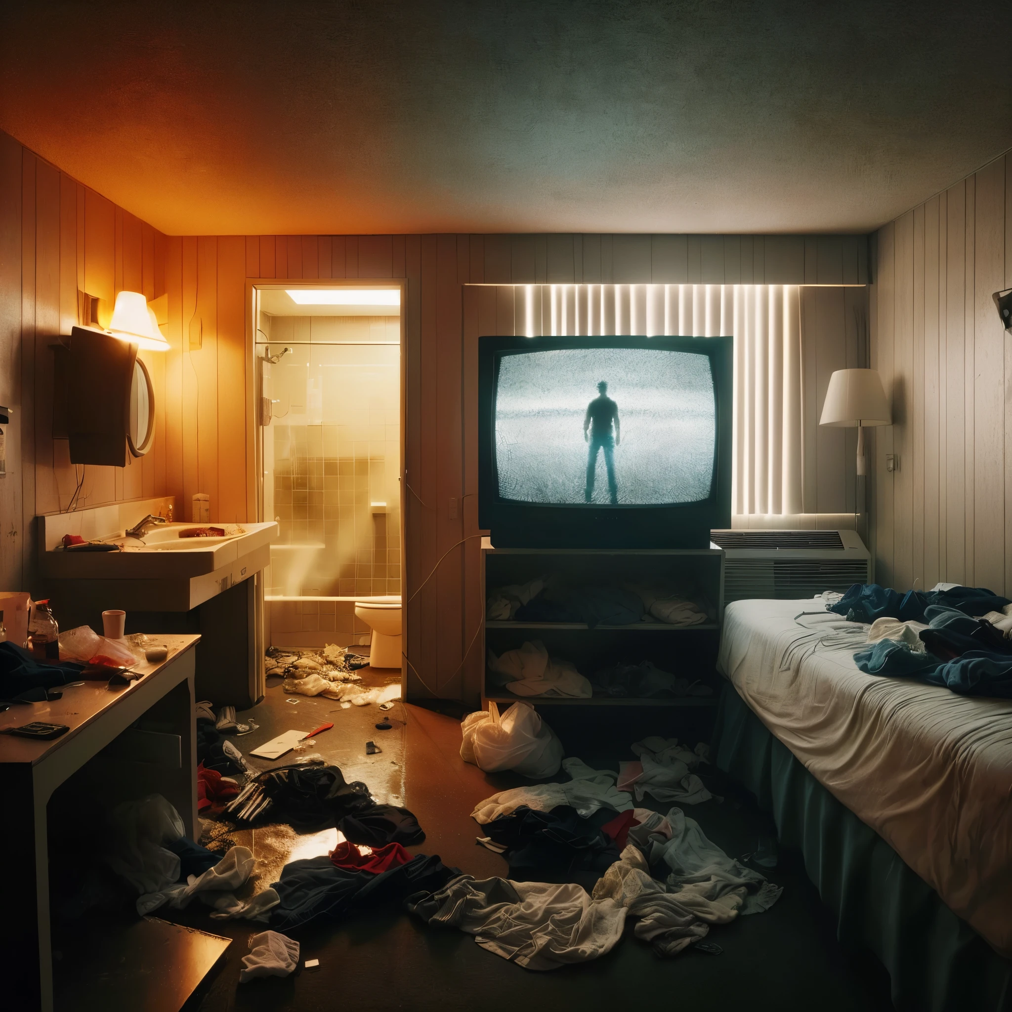 there is a television in a room with a bed and a sink, inspired by Gregory Crewdson, room with eerie feeling, greg crewdson, crewdson, dirty room, photography of gregory crewdson, hotel room, dimly lit room, todd hido photography, eerie room, claustrophobic room, by emmanuel lubezki