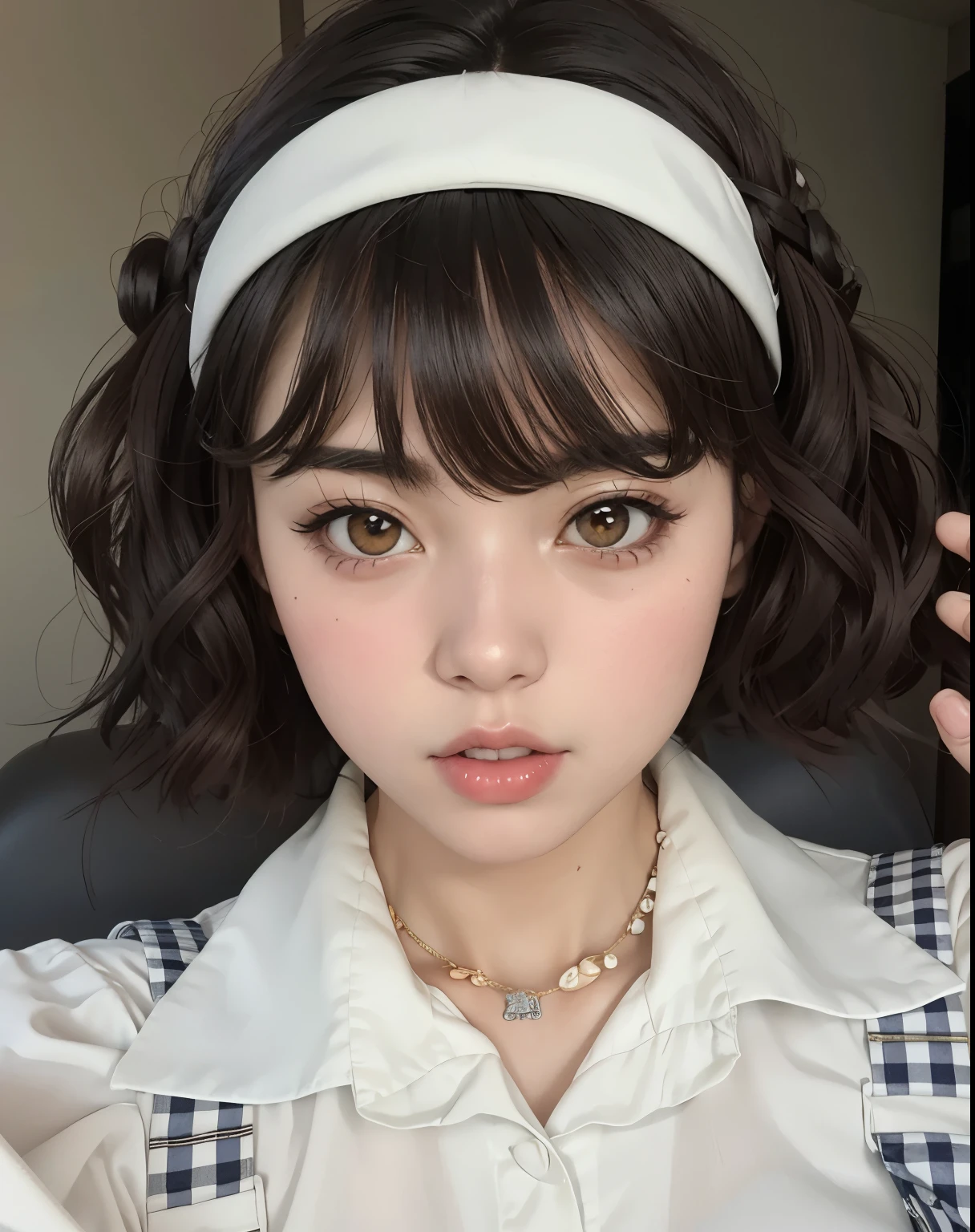 hay una mujer con una diadema blanca y una camisa blanca, Retrato realista kawaii, ulzzang, Obras de arte al estilo de Guweiz, Colegiala hiperrealista, con el pelo corto, Chica de anime en la vida real, a Colegiala hiperrealista, Estilo realista de anime 3D, 🤤 girl portrait, 8k selfie photograph, Joven y adorable rostro coreano, Linda cara de anime natural