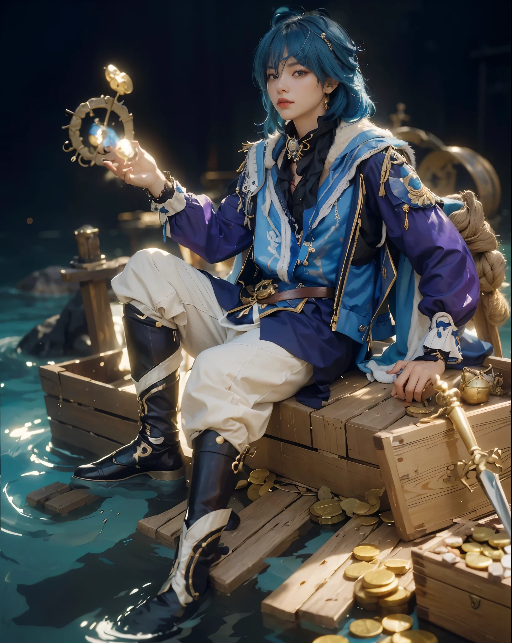 ((Kaeya_GENSHIN IMPACT)),((realistic, photorealistic)),(highlight hair)), Light reflection,Blue hair (( HD )),((upper body)), (((best quality, masterpiece))), (masterpiece) (best quality) (detail) (8k) (HDR) (wallpaper) (cinematic lighting) (sharp focuasterpiece, best quality: 1.1), 1men solo, kaeya,Treasure coins, treasure box, treasure sword, broken ship plank, water, sitting in treasure box, pirate loota,One coin in hand