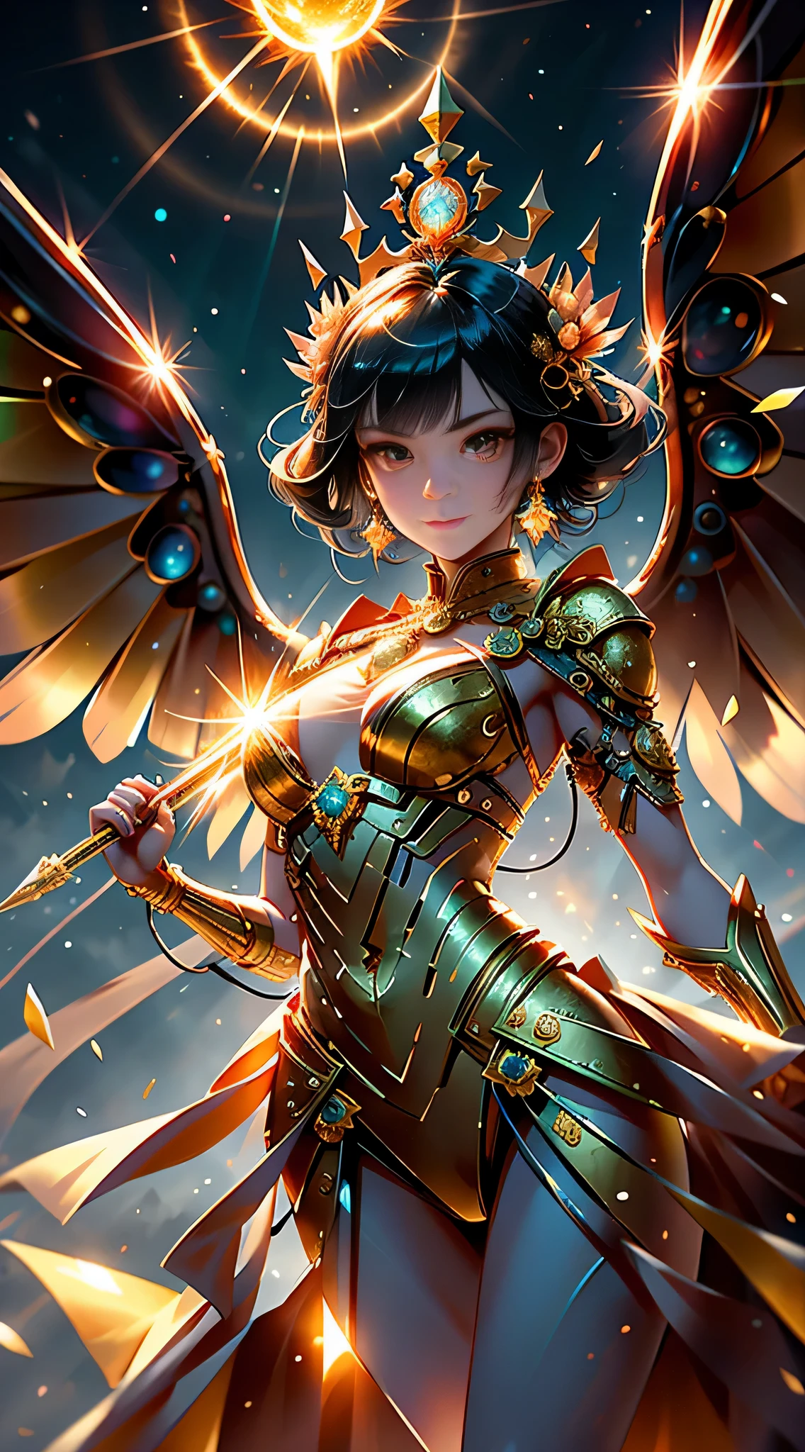 1girl, beautiful sun empress, detailed eyes, detailed face, mature face, athletic body, looking at viewers,full body, light smile,detailed skin,mature body, tall body,seductive body,medium big breast, medium thigh, detailed clothes BREAK desert and pyramid backgrounds, holding only one long and thick sun scepter, phoenix dragon in sky, highly saturating sunbeams, holy ceremony, angelic halo, golden and orange spark dazzling around, holy magic circle, golden crown , golden majical lightning, best quality, masterpiece, trending on Art station,BREAK,Detailed,Realistic,4k highly detailed digital art,octane render, bioluminescent, cinematic lighting BREAK 8K resolution concept art, realism,by Mappa studios,masterpiece,best quality,official art,illustration,ligne claire,(cool_color),perfect composition,absurdres, fantasy,focused,