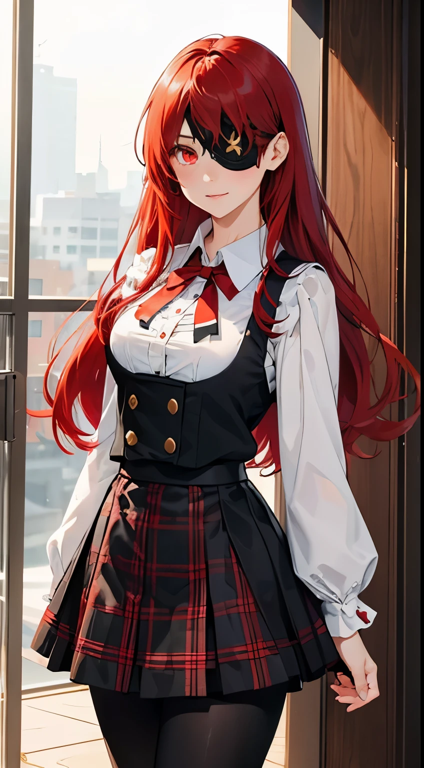 ((best quality)), ((masterpiece)), (detailed), perfect face, ((eyepatch:1.2)), (long hair:1.4), (red hair, red eyes:1.4), 1girl, solo, skirt, shirts, vest, legging, white shirts, Button-up shirts, black vest, smile, outdoors, black skirt, looking at viewer, black legging, rose pattern legging, long sleeves, bangs, ribbon, frilled skirt, frills, plaid, bow, open clothes, blush, neck ribbon, Star shape eyepatch, gold eyepatch, standing, red ribbon, wide sleeves,, hand on waist, medium breasts, large breasts, cafe, inside bosco cafe, cowboy shot