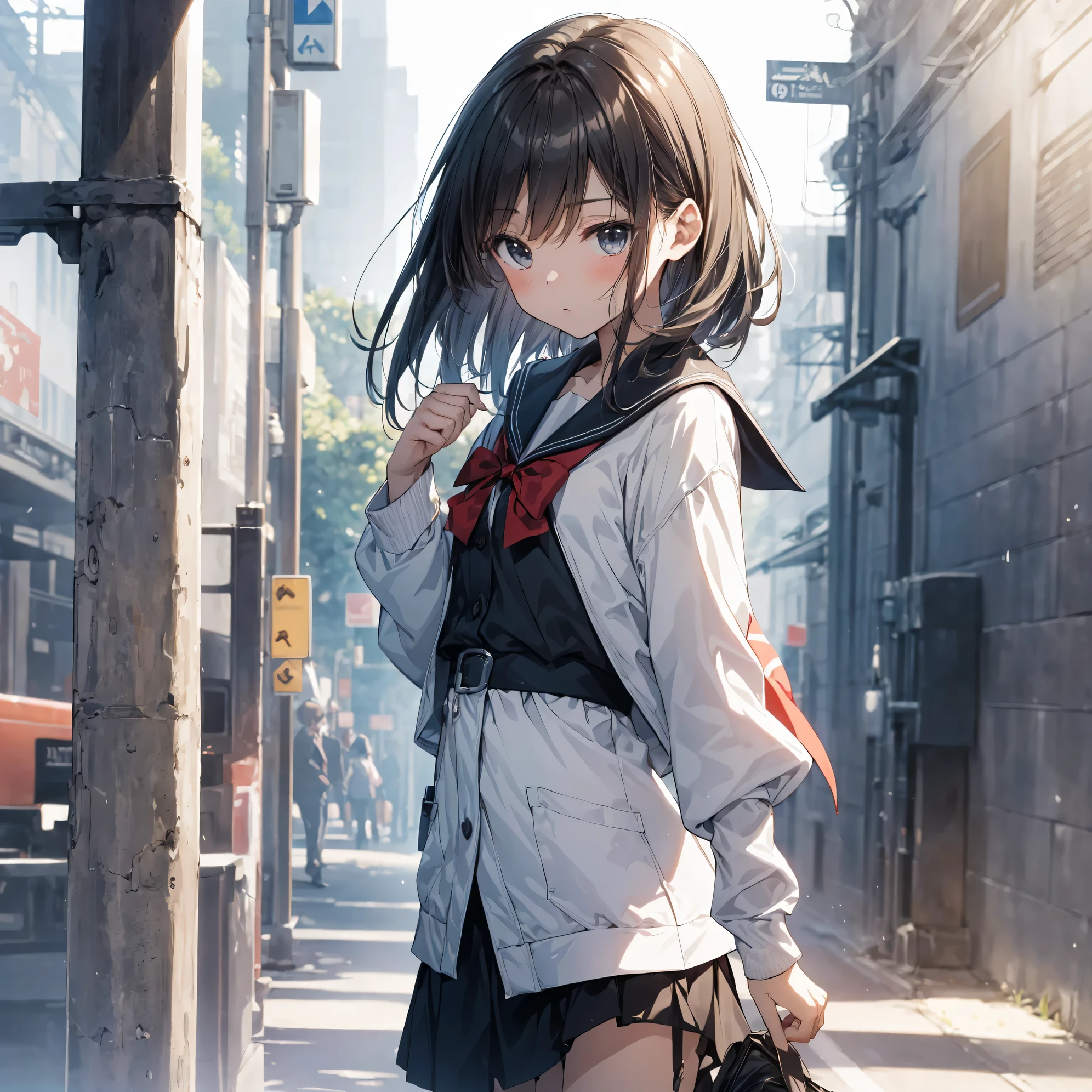 (Best Quality, 4K, 8K, hight resolution, masutepiece:1.2), Ultra-detailed, (cool and realistic,Photorealsitic:1.37), hight resolutionであり, anime moe art style, best anime 8K konachan wallpaper, Pixiv Contest Winner, Perfect Anatomy, Ultra-detailed細なスキン,BREAK,(Draw a girl sleepily walking to school. ),BREAK, 1girl in, (Solo,Lori,child,13years:1.3),Full limbs, complete fingers, a junior high school student, Androgynous attraction, Eros is fleeting, (Very short hair),Parted hair in the middle,Forehead, flat chest, Small butt, groin, Small eyes,Beautiful detailed black eyes, Well-proportioned iris and pupils, disgusted eye, hight resolution detailed hair, Sailor Uniform, Skirt, On the way to school. BREAK,Medium: Anime Art, Vibrant colors, Sharp Focus, Professional, Bokeh.
Lighting: Natural light shining a soft light on the girl, Create a warm and cozy atmosphere on your way to school..BREAK,Best lighting by famous artists, 8K,Illustration,