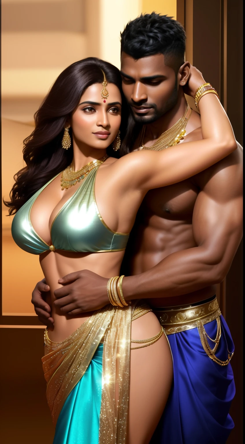 1 muscular , handsome and attractive African man with no shirt with sexy Indian married woman (milf with big boos) wearing full metallic saree. Both are hugging pose. In office. Hyper realistic image detail image. woman standing on left of the man with her navel visible and the man has grabbed the woman by waist