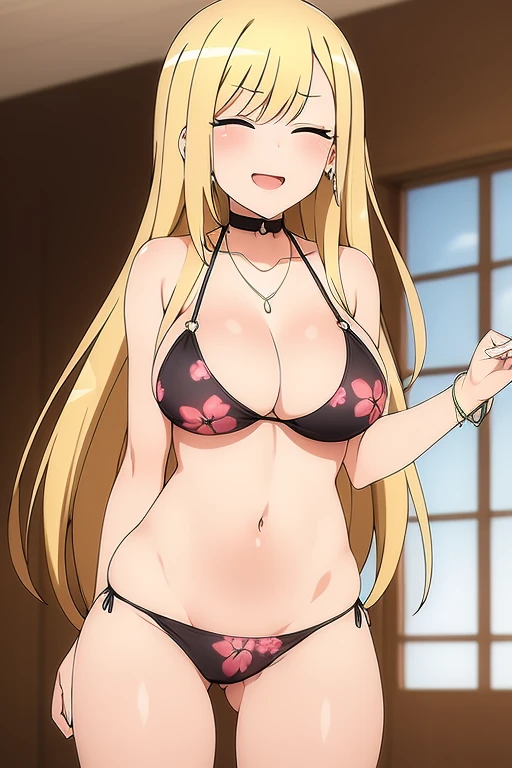 (((Masterpiece))), Marinkitagawa, 1girl, only, Long hair, Smile, open mouth, blonde hair, navel, cleavage, jewelry, medium breasts, swimsuit, eyes closed, bikini, Enaquero Shot, Earrings, choker, inside, necklace, in, black bikini, side tie bikini, black choker, piercing, floral print, ear piercing, string bikini, face visor, bikini print, big breasts, wide hips, wide thighs, butt round