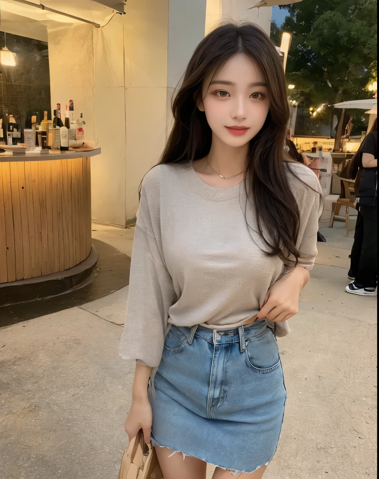 (((Best Quality, 8K, Masterpiece: 1.3,)), high-definition facial features, delicate facial feature, 1girl, Slim Abs Beauty: 1.3, ((long hair, natural hair)), (((wearing a sexy causal tshirt))) fine Face, (((Delicate Eyes))), Double Eyelids, Smile, looking at the viewer, (full body 1.5), (((night bar))), ((((natural background)))), (standing) medium breast, bare legs