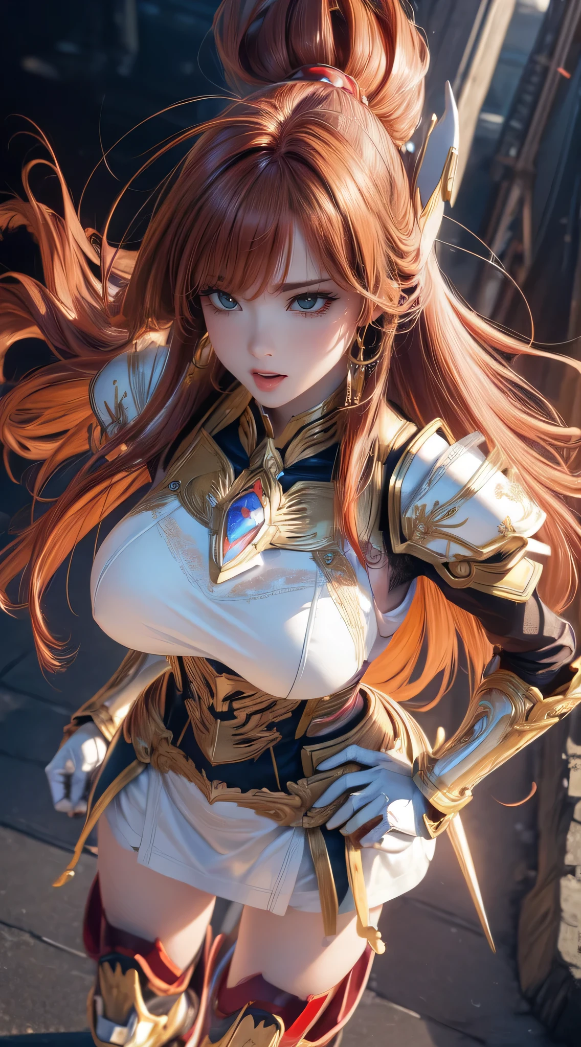 Looking back,Fighting stance,(Cinematic scene,Fantasy Art,Highest image quality,hyperrealistic portrait,(8K),Ultra-realistic,Best Quality,High quality,High Definition,high quality texture,high detailing,Beautiful detailed,fine detailed,extremely details CG,Detailed texture,realistic representation of face,masutepiece,presence,Dynamic,Bold),1gir,Ultra detailed skin,Curve,Petite,Beautiful breasts,Large breasts,pale skin,pointed breast,Erect nipples,(Thin hair),(Soft hair),(ultra straight hair),Swept long bangs,very light coppery amber hair,Hair over one eye,NSFW,Yuri,(Pornographic Images),(Leather boots,(asymmetrical mechanical armor),(long embroidered white lace dress,see through,Lift the hem of the dress))
