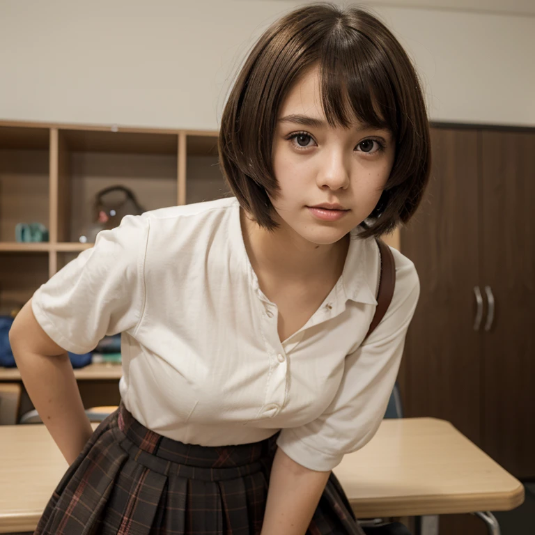 Super beautiful high school student，Air bangs，pretty short hair，largeeyes，Cherry small mouth，with a good figure，