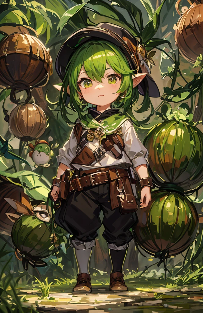 Vibrant live onions:I have brown legs:jumpping、Green leaves、gnome girl:Green hair:green clothing:Green Hat:half-pants:Brown shoes:Adventurer's Equipment:My onions are so energetic that I&#39;m in trouble.,​masterpiece,Fantasia,illustratio