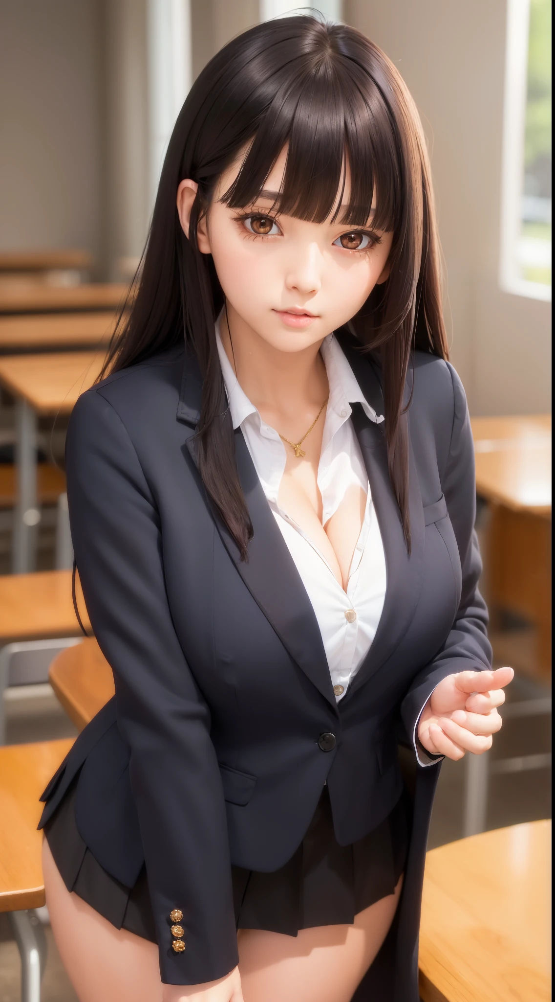 ((Best Quality)), ((masutepiece)), (Detailed), (highlight), Perfect face、Young girl with detailed face showing cleavage、Long, thick, glossy, beautiful black hair with blunt bangs、Single-color background、Standing student council president wearing blazer and miniskirt school uniform