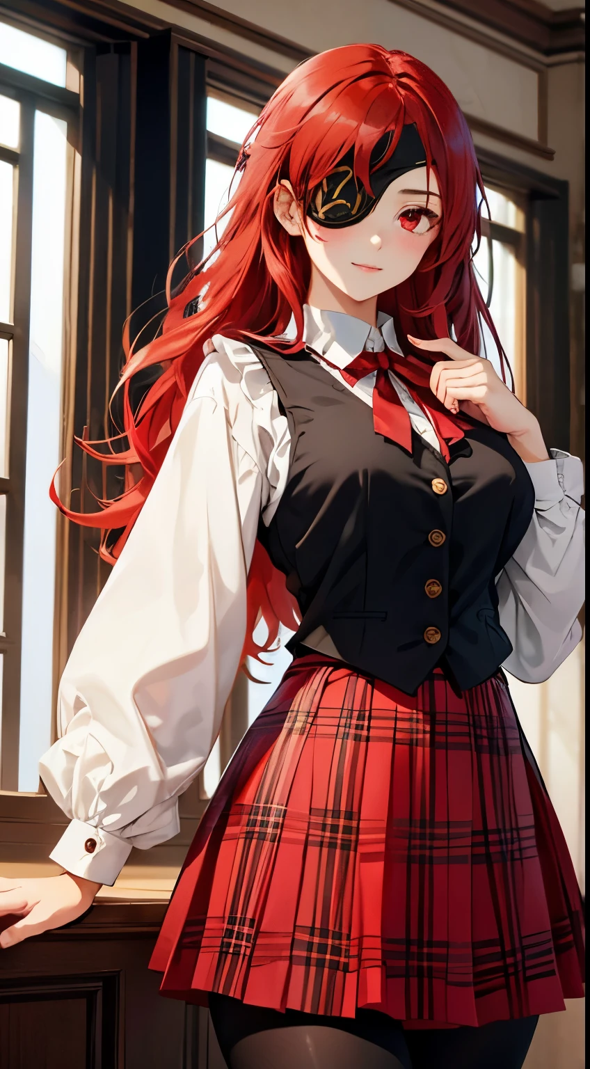 ((best quality)), ((masterpiece)), (detailed), perfect face, ((eyepatch:1.2)), (long hair:1.4), (red hair, red eyes:1.4), 1girl, solo, skirt, shirts, vest, legging, white shirts, Button-up shirts, black vest, smile, outdoors, black skirt, looking at viewer, black legging, rose pattern legging, long sleeves, bangs, ribbon, frilled skirt, frills, plaid, bow, open clothes, blush, neck ribbon, Star shape eyepatch, gold eyepatch, standing, red ribbon, wide sleeves,, hand on waist, medium breasts, large breasts, cafe, inside bosco cafe, cowboy shot , elegance