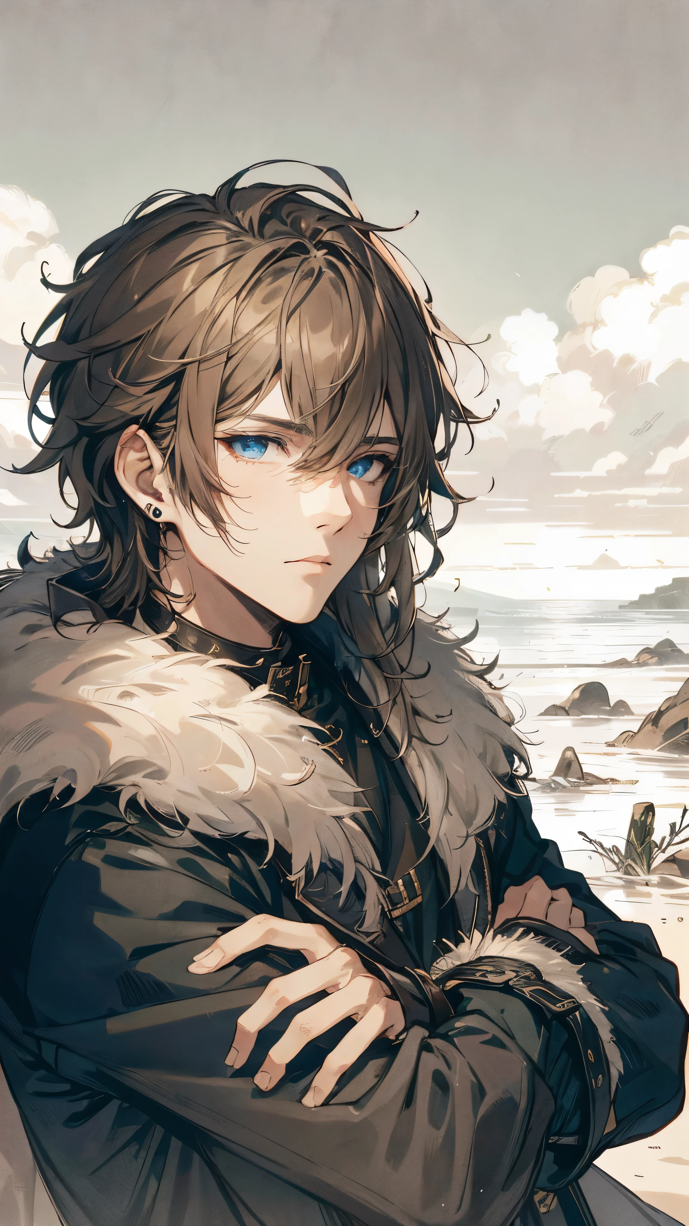 Beautiful young man, Long wavy hair, partially tied behind, Blue eyes, collar trimmed with fur,, Dark coat, arms crossed over chest, Pensive expression, Earrings in both ears, Subtle shadows on the face, Dignified posture,High quality, amount of drawing, pixiv illustration