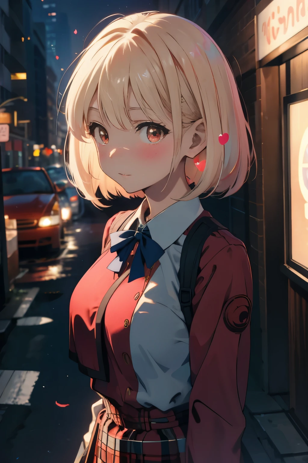 ​masterpiece, city alley at night, ((blushing)), ((lewd expression)), hearts in the eyes, upper body, from front, looking at viewer, center of the image, focused in chest and face, large breasts, huge breasts, top-quality, Chisato Nishikiki、Platinum Blonde Hair、Anime girl with red eyes,bob cuts,Anime visuals of cute girls,Smooth Anime、an anime girl、hi-school girl、Plaid uniform、long-sleeve, Plaid Dresses,