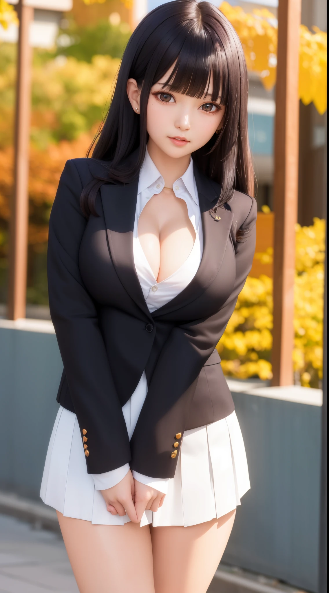 ((Best Quality)), ((masutepiece)), (Detailed), (highlight), Perfect face、Young girl with detailed face showing cleavage、Long, thick, glossy, beautiful black hair with blunt bangs、Single-color background、Standing student council president wearing blazer and miniskirt school uniform