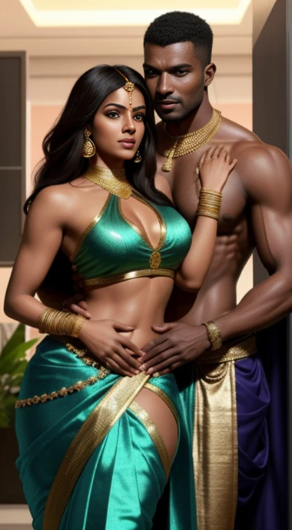 a beautiful young white indian naked woman wearing only chunni and a muscular black african man with his big black cock, nude photoshoot in a studio, realistic photo, white background,((Indian white girl wearing jewellery, bindi, bangles, transparent light green dupatta)). very realistic image, detailed image, High quality high detail,8k