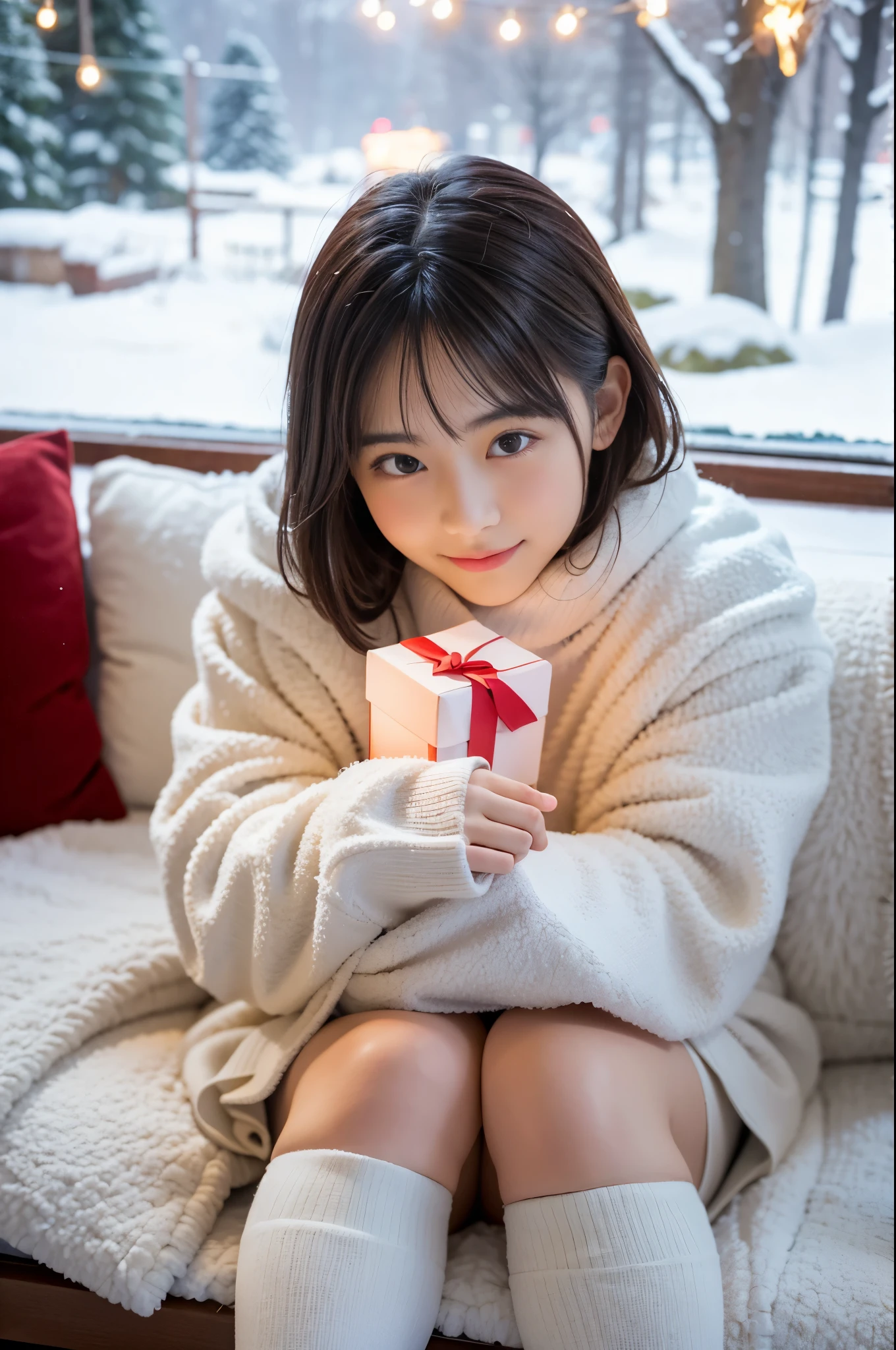 (Best Quality,4K,hight resolution,masutepiece:1.2),Realistic,Christmas,girl (),Hugging a big teddy bear、(fullnude)、sideshot、Looking up at the night sky、a closeup,Snow falling in the background,Winter wonderland,Magical atmosphere,Soft lighting,Vibrant colors,Happiness,Welcoming environment,Warmth,Shortcut Hair,Shimmering decoration,Twinkling lights,wrapped present,magic snowflake,Christmas tree with ornaments,log cabin,Peace and quiet,Excitement and anticipation,Snowy landscape,Enchanted moments,Upholstered stockings
