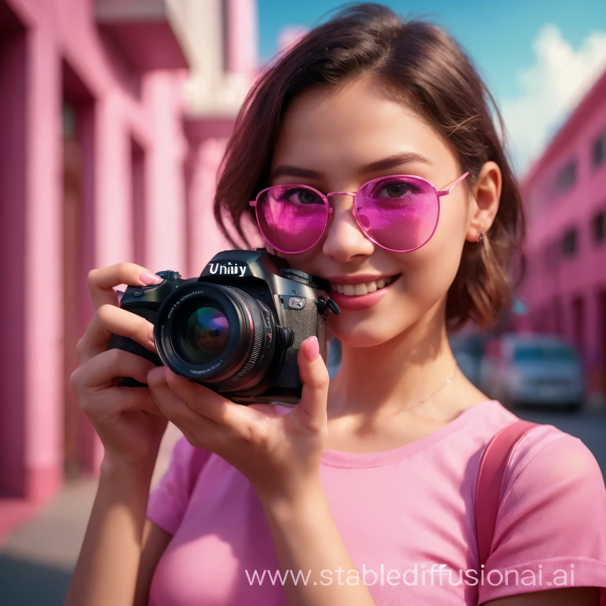 Araffa woman in pink sunglasses holding camera and smiling, реалистичная красочная a  photo of a, Portrait photography with a 50mm SLR camera.., Women's&#39;a  photo of a, Photorealistic a  photo of a, a  photo of a Портрет 4 К, Digital Art. photorealestic, a  photo of a высокого качества, Photorealistic a  photo of a, Playful compositional canon, детальная реалистичная a  photo of a, HD outdoor footage, a  photo of a 50 мм F1.4, 8K, Masterpiece, RAW photo, Best Quality, Photorealistic, чрезвычайно детализированные CG unity 8K обои, Depth of field, cinematiclight, lens flare, Ray Tracing, (extremely beautiful face, Beautiful lips, Beautiful eyes),  ((ultra detailed skin))
