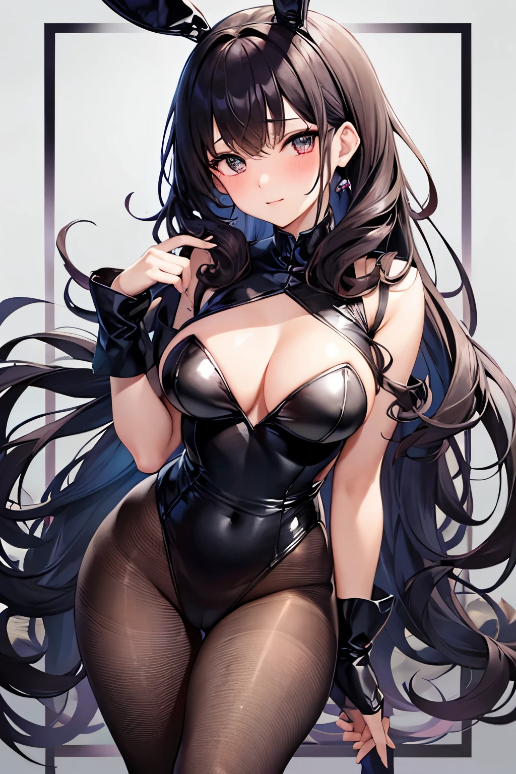 1 woman, A sexy, blush, nose blush, ((long curly hair)),bunny suit bodysuit, ((fishnets pantyhose)), (tiny chest),
