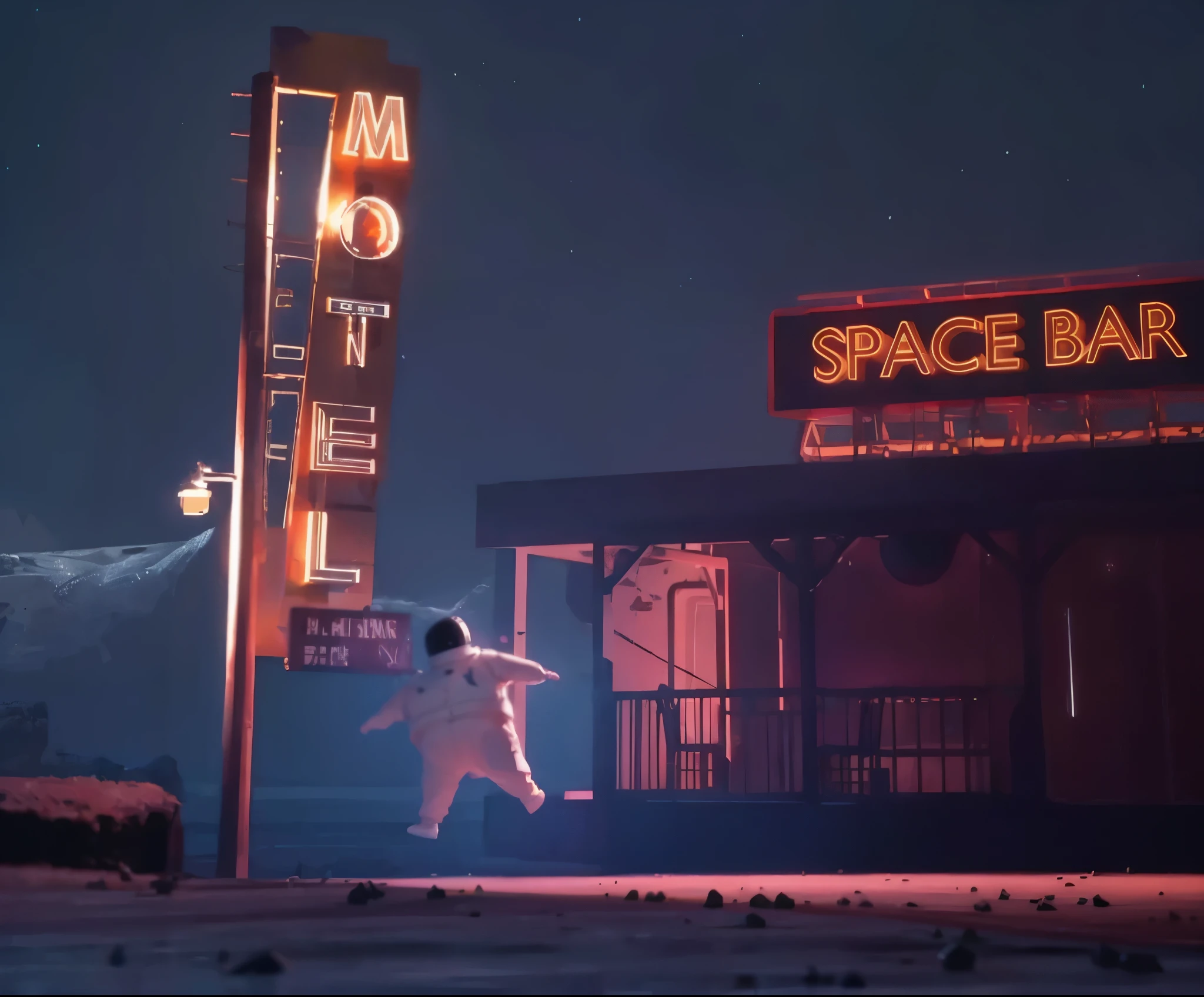arafed astro man in a white suit floating in front of a motel, inspired by roger deakins, inspired by Simon Stålenhag, unreal engine. retro film still, in roger deakins style, 3 d render beeple, inspired by Mike Winkelmann, in style of beeple, style of simon stalenhag, animated