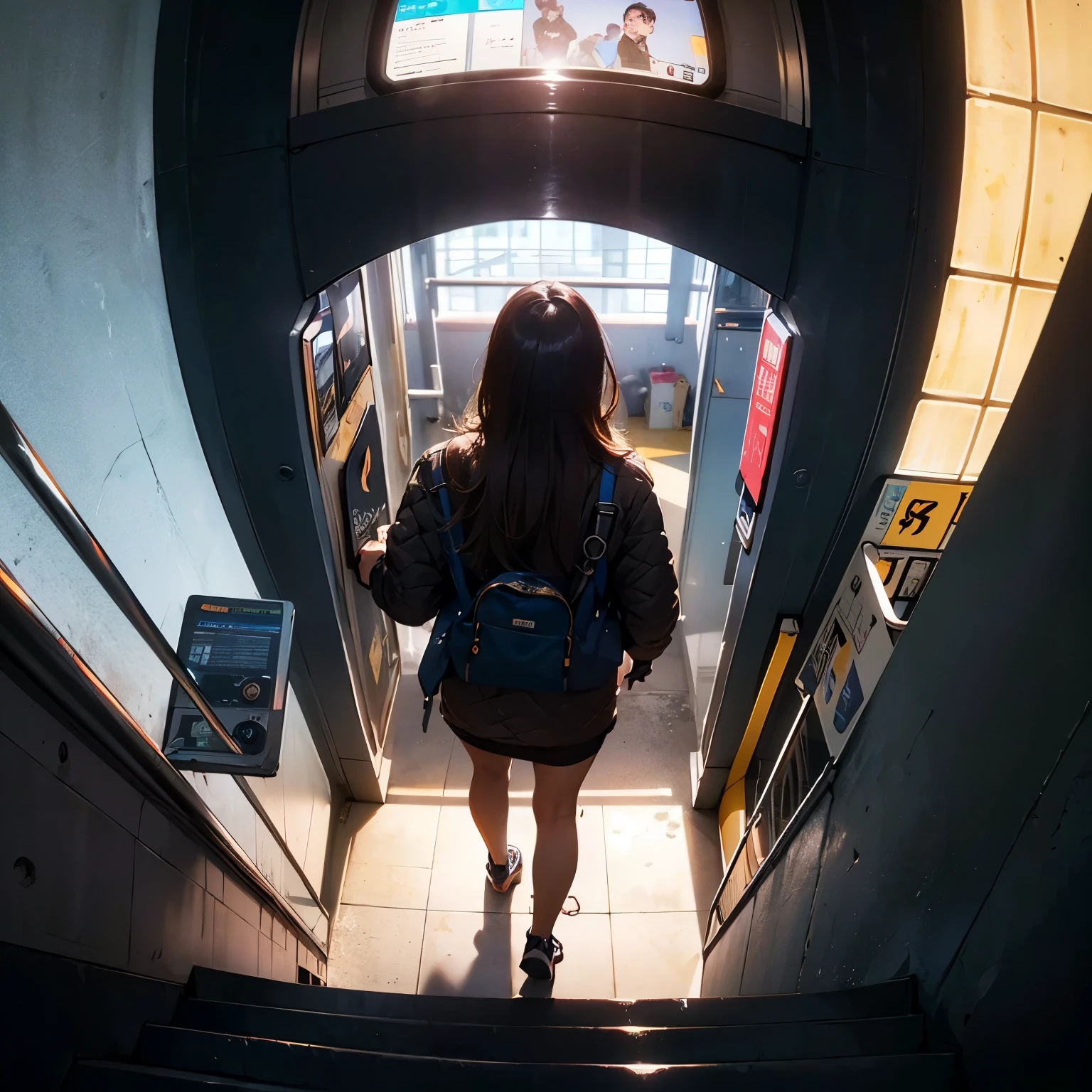 ( Masterpiece, best quality , shot from above, 100mm lens, fisheye), ((pov from above:1.4)), (( subway station:1.5, high detailed, intricate details, walking away from viewer )), kazuha, ( narrow face, strong jaw,  plump cheeks, dark hair , cute smile, thigh gap, beautiful  blue eyes, wearing loose-fitted drip ootd ), (backlit, sof light, HDR, 8K, cinematic lighting, tetradic, UHD)