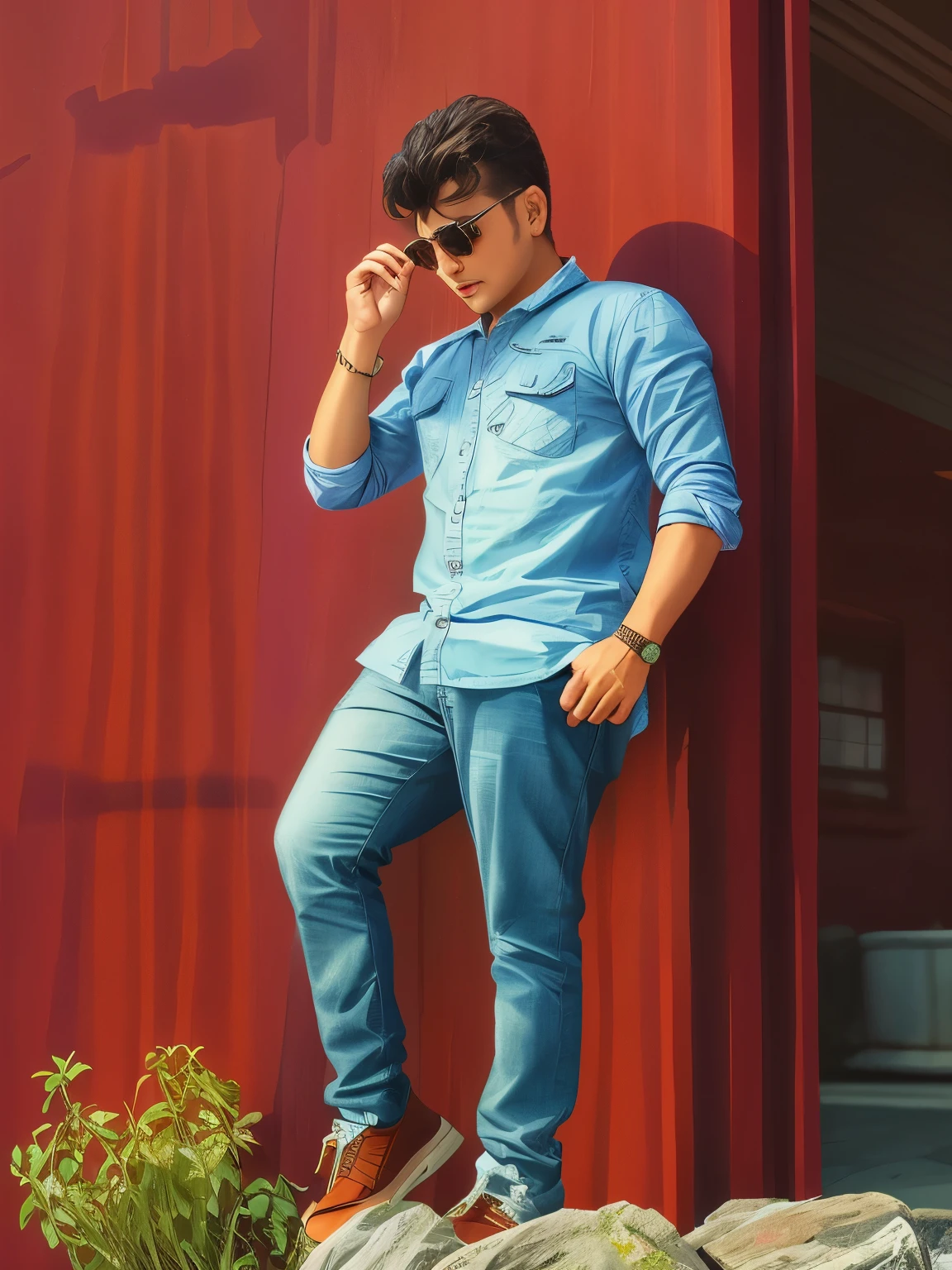 stylish dressing, no background change, stylish shoes, watch on hand,