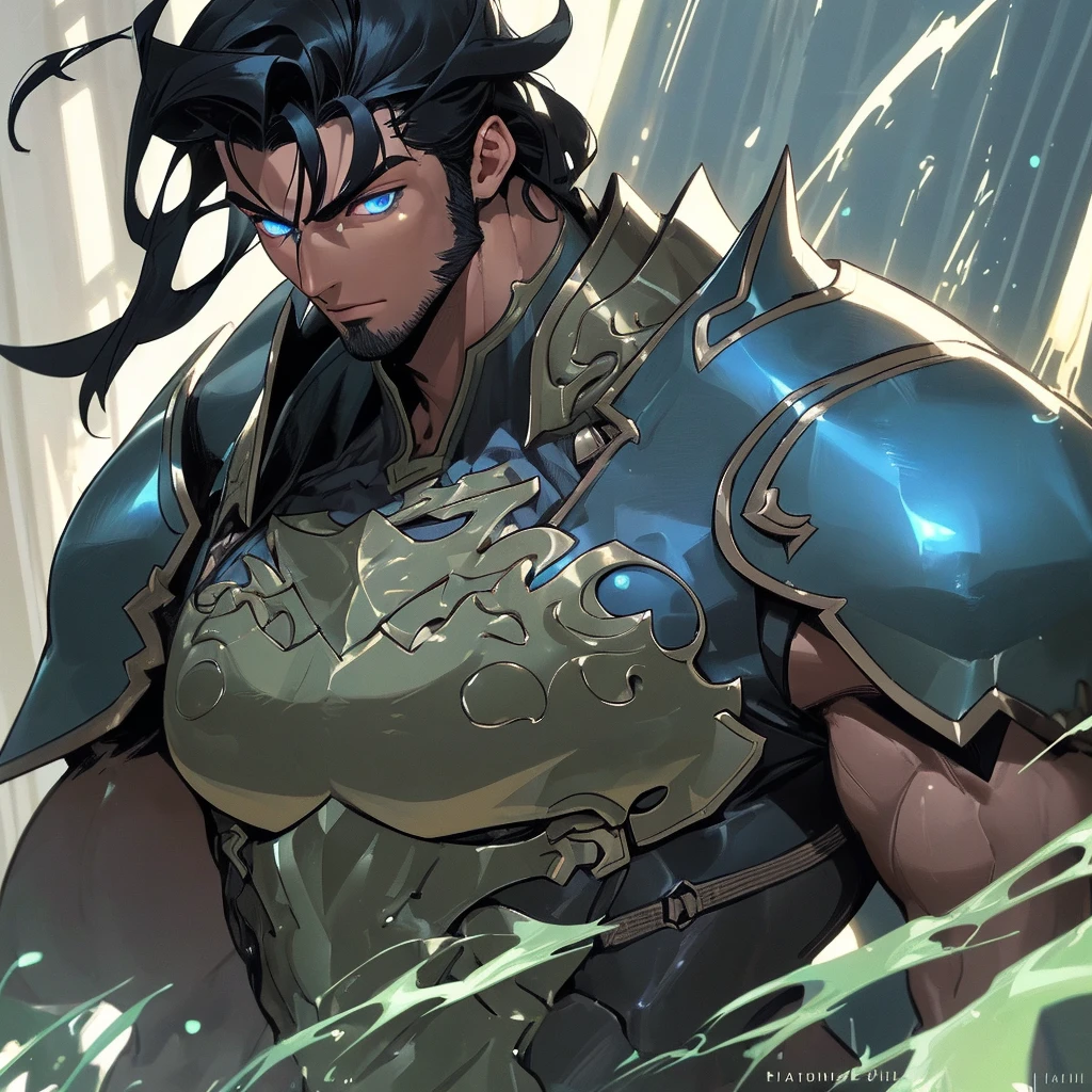 Man with black hair, olive skin, glowing nordic blue eyes, muscular lean physique, armored, realistic, handsome,cool